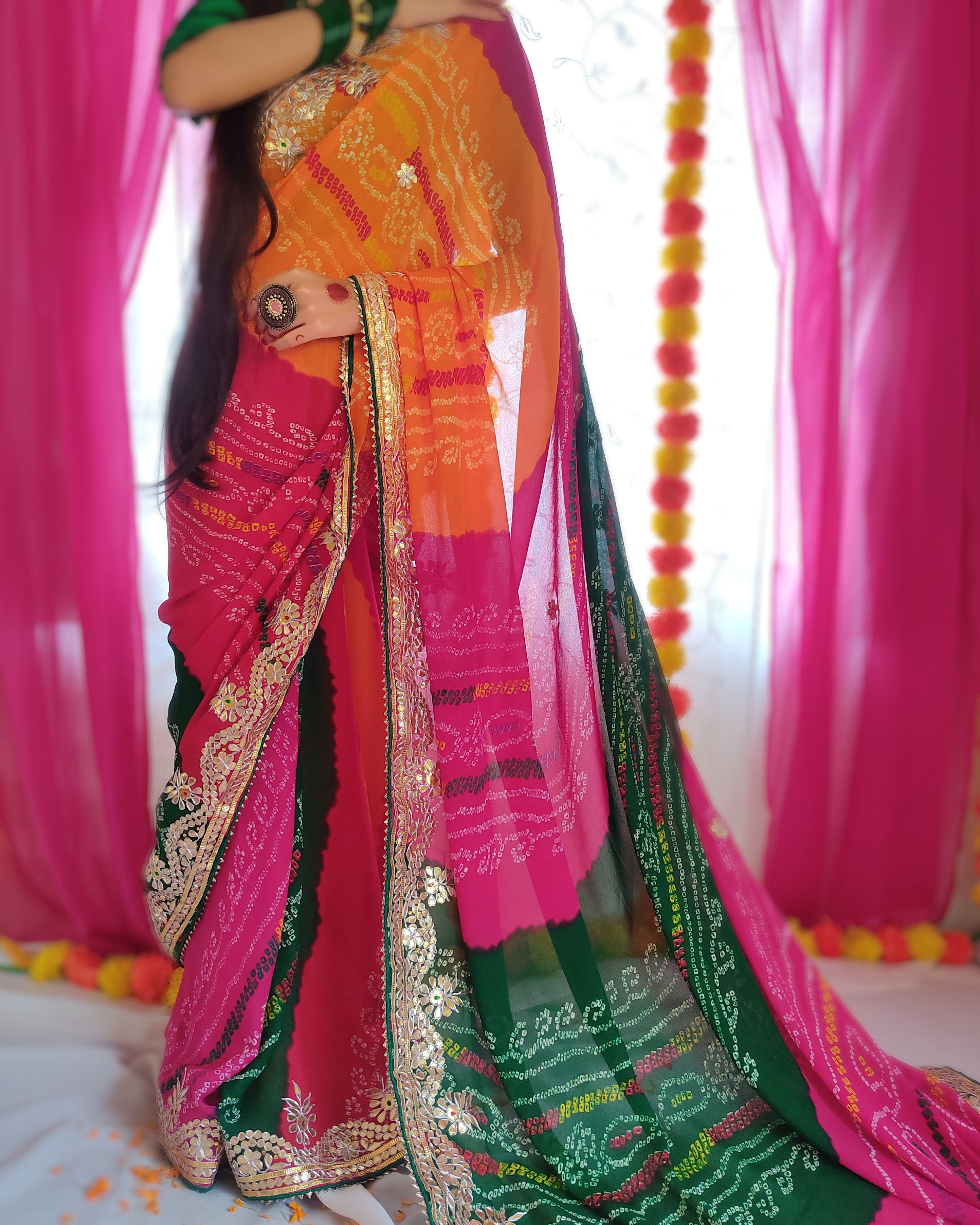 Multi colour bandhej gota work saree online