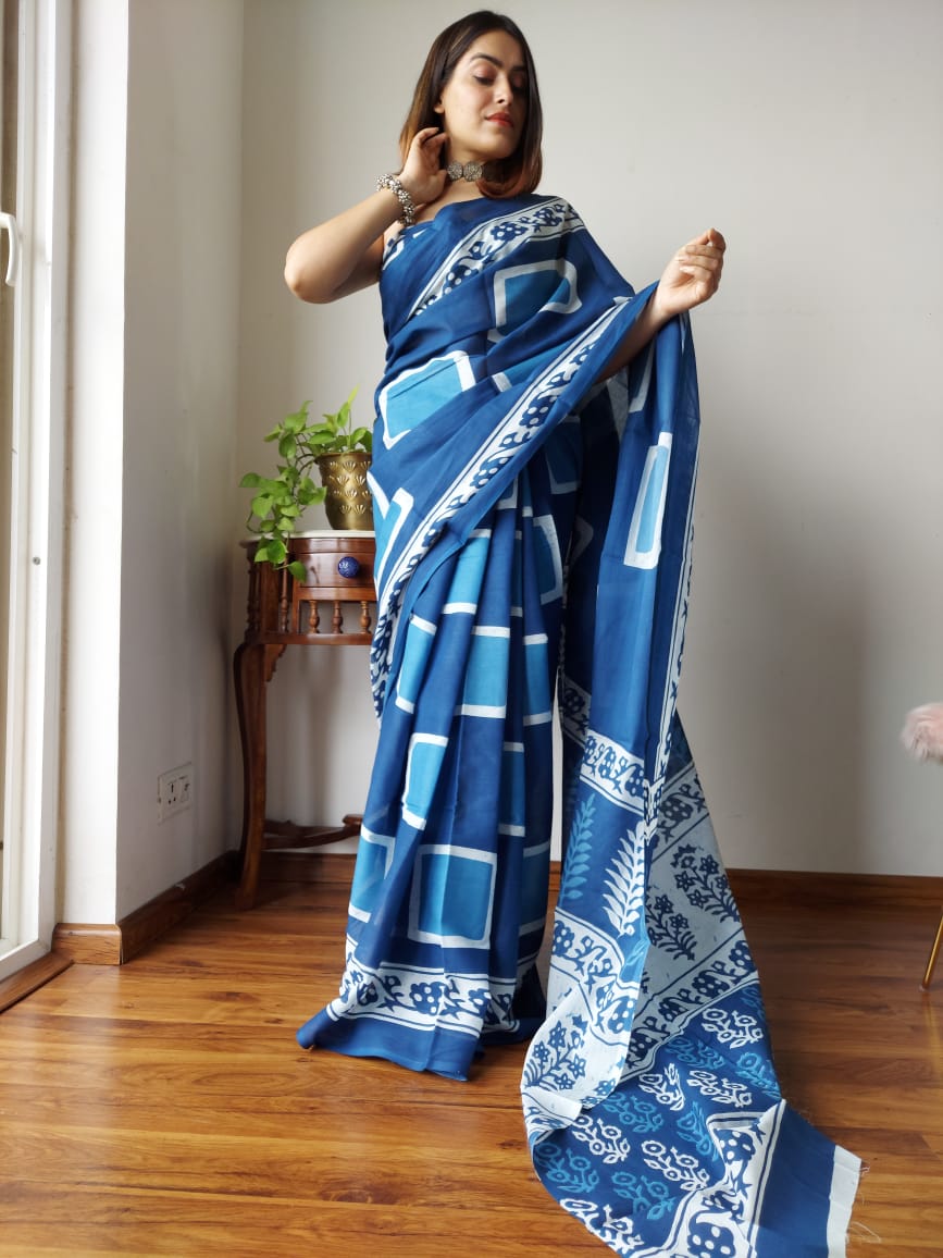 Indigo Beautiful Cotton Bagru Saree