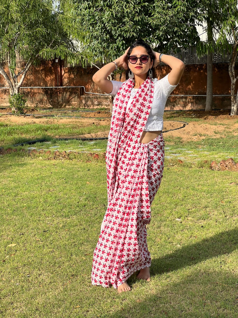 Red and White Cotton Saree