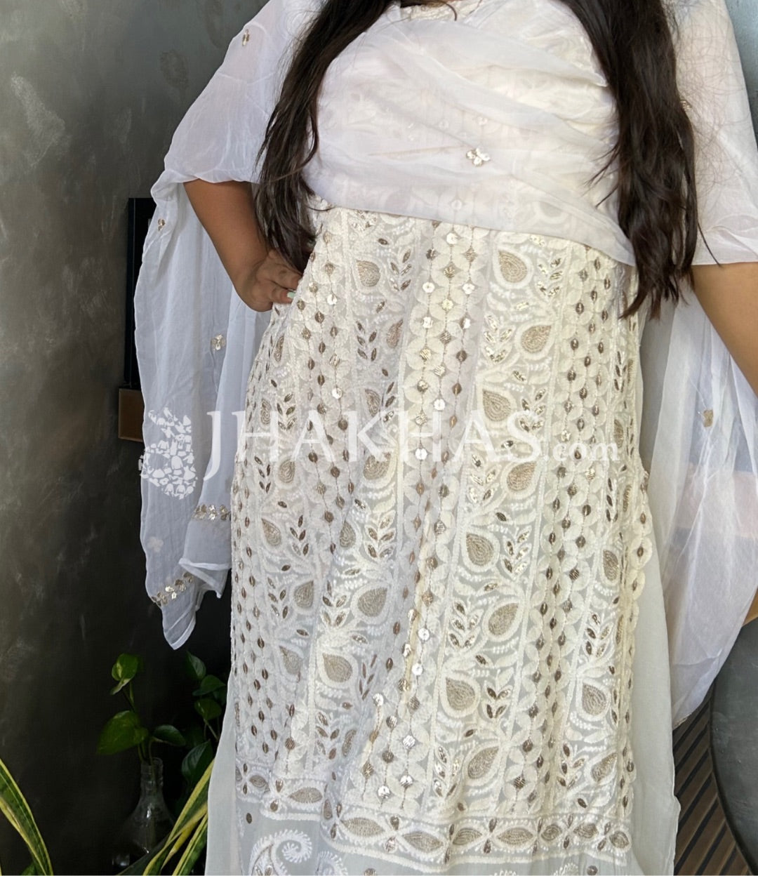 White Gold Luxurious Fancy Chikankari Gota Salwar Kameez unstitched fabric