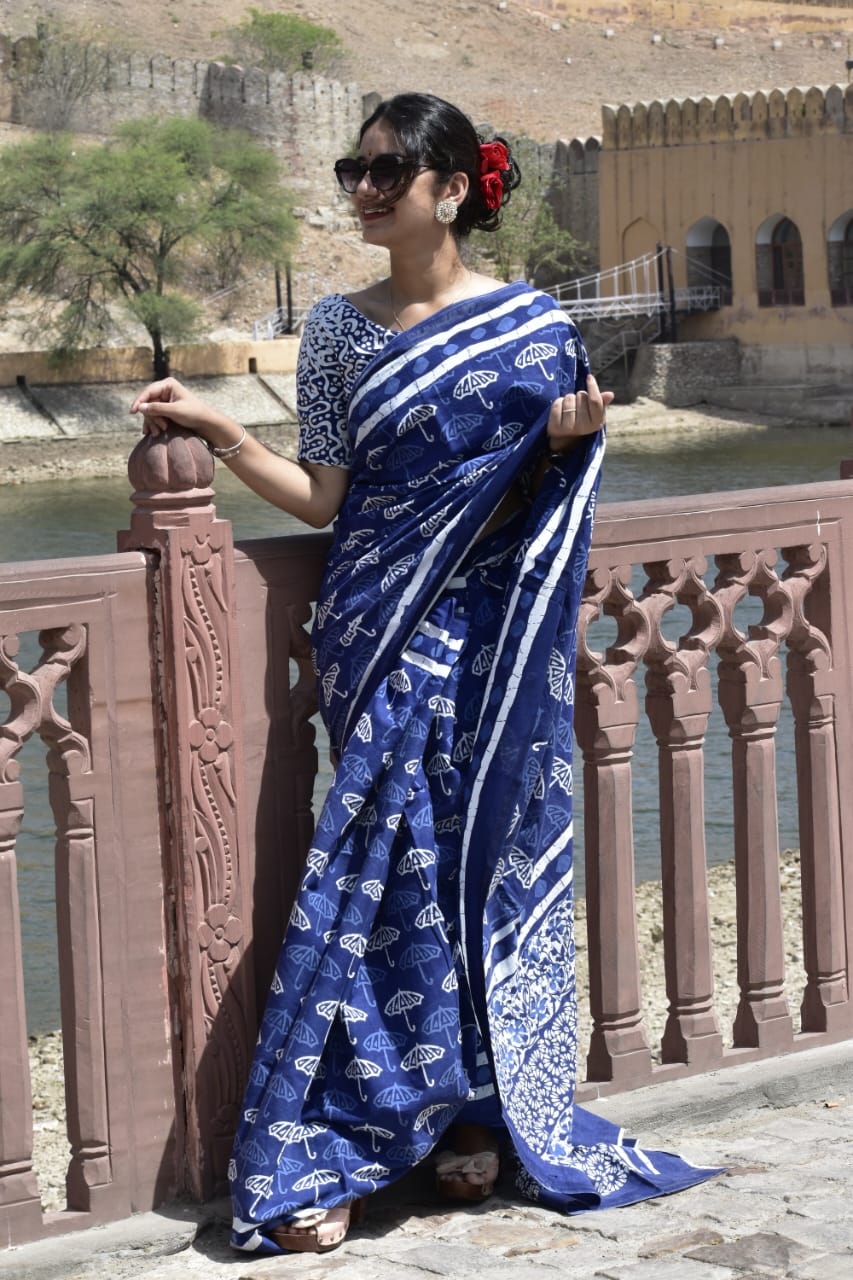 White and Blue Bagru Cotton Saree