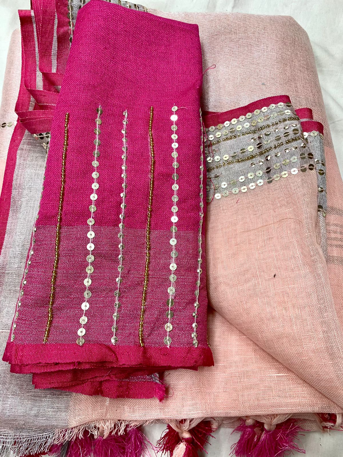 Peach Linen Embroidred Saree In BabyPink