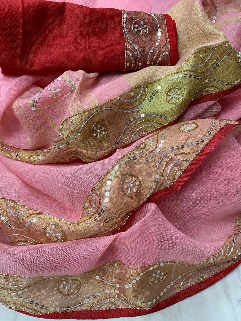Linen Embroidred Saree In Cream