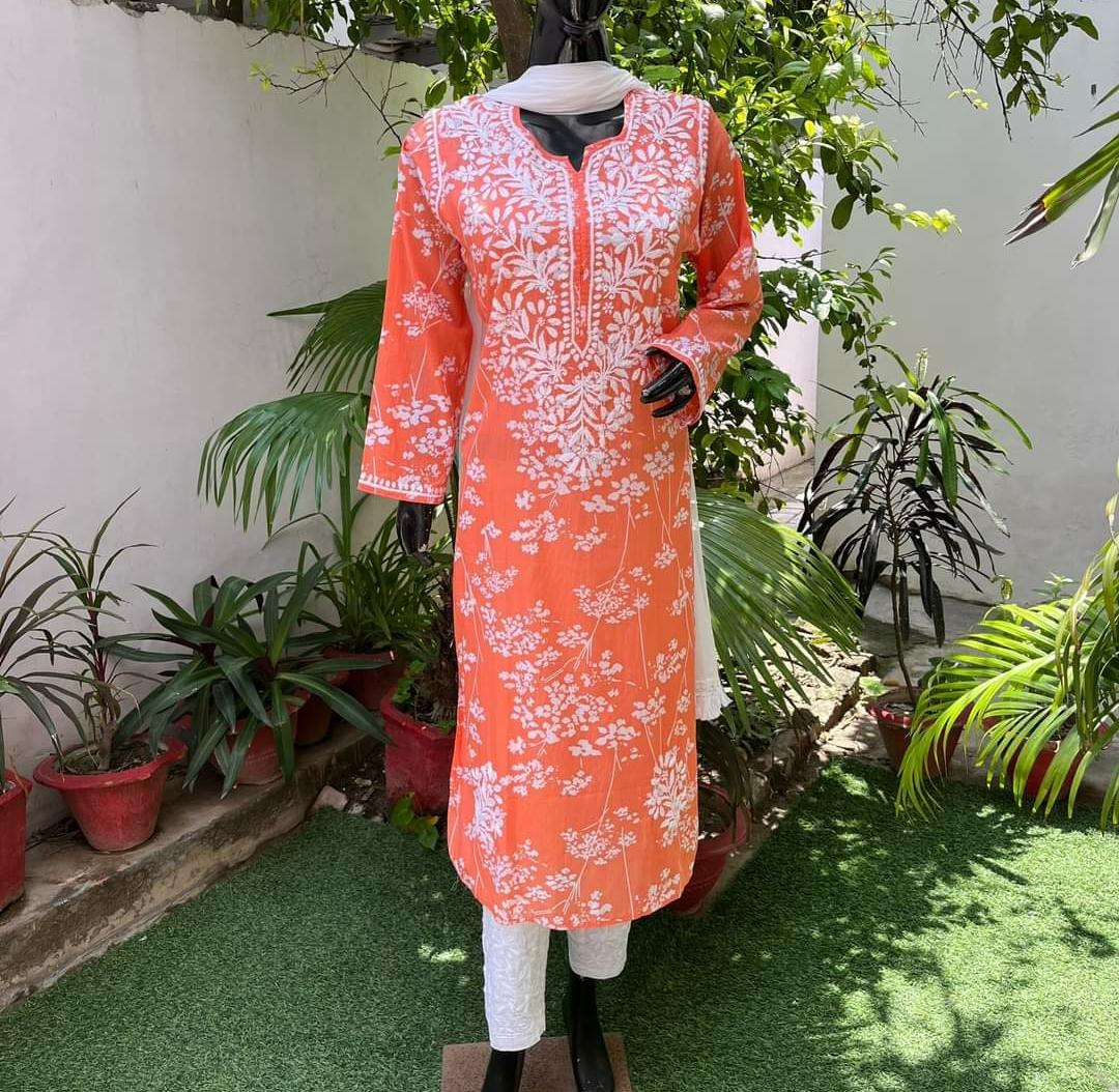 Floral Orange Lucknowi Chikankari Kurti Set In Mulmul Cotton