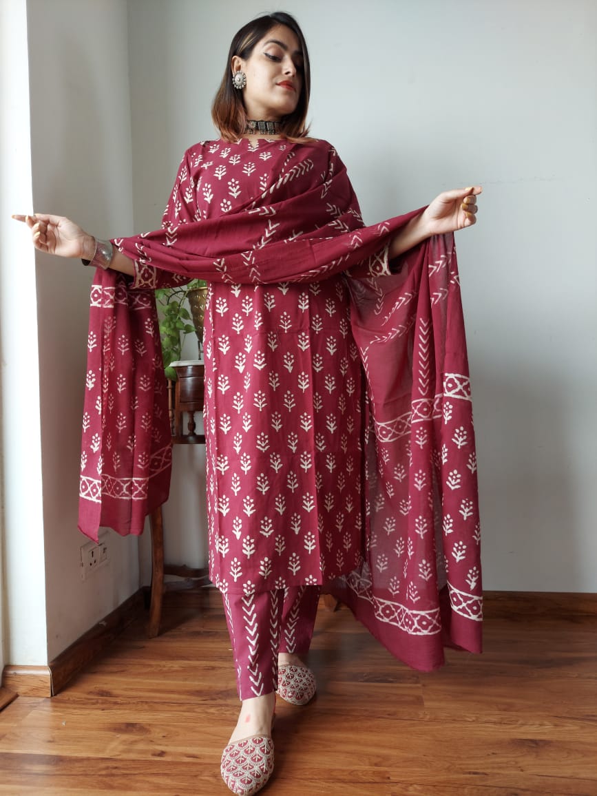 Maroon Stitched Cotton Suit Set