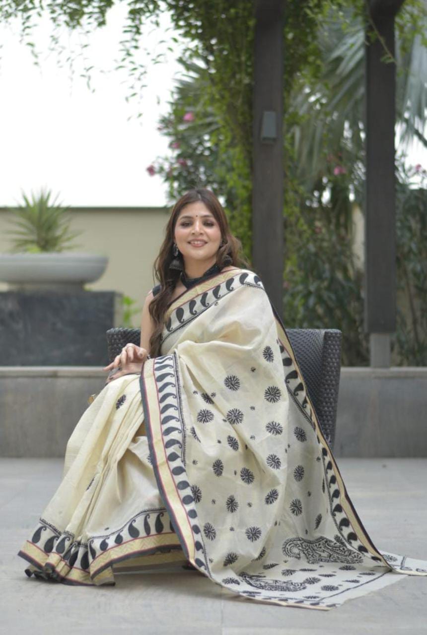 Digital Printed Art Silk Saree in Black and Cream : SSEA288