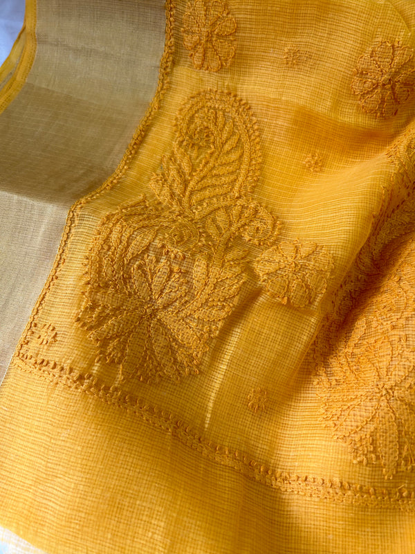New Kota Doria Chikankari Work Saree In Yellow
