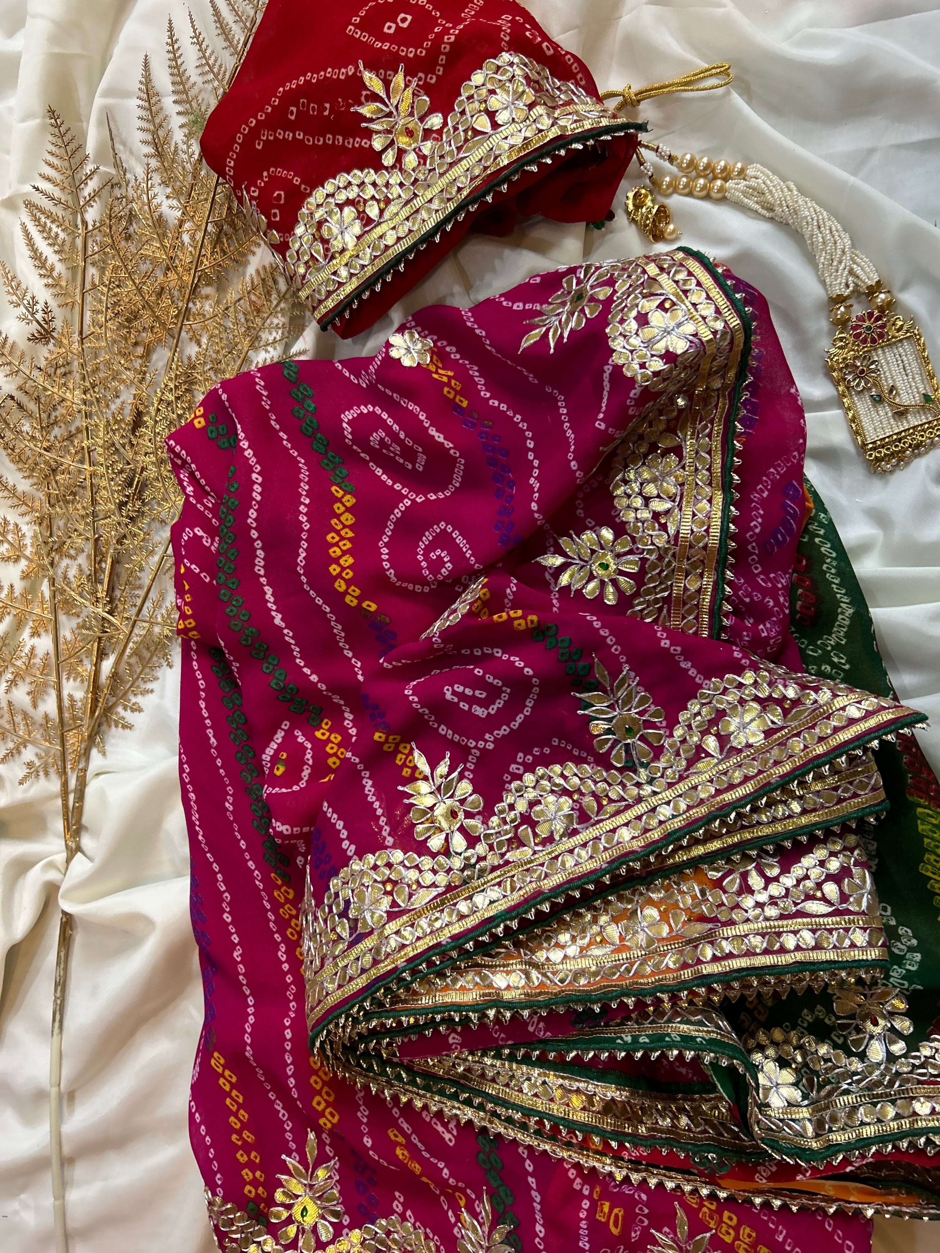bandhej hot pink gota handmade saree