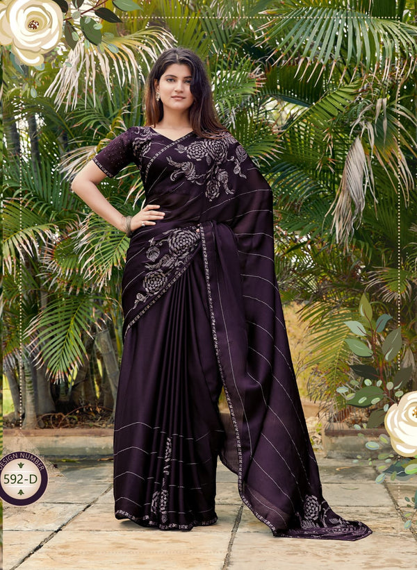 Designer Purple Satin Silk Saree