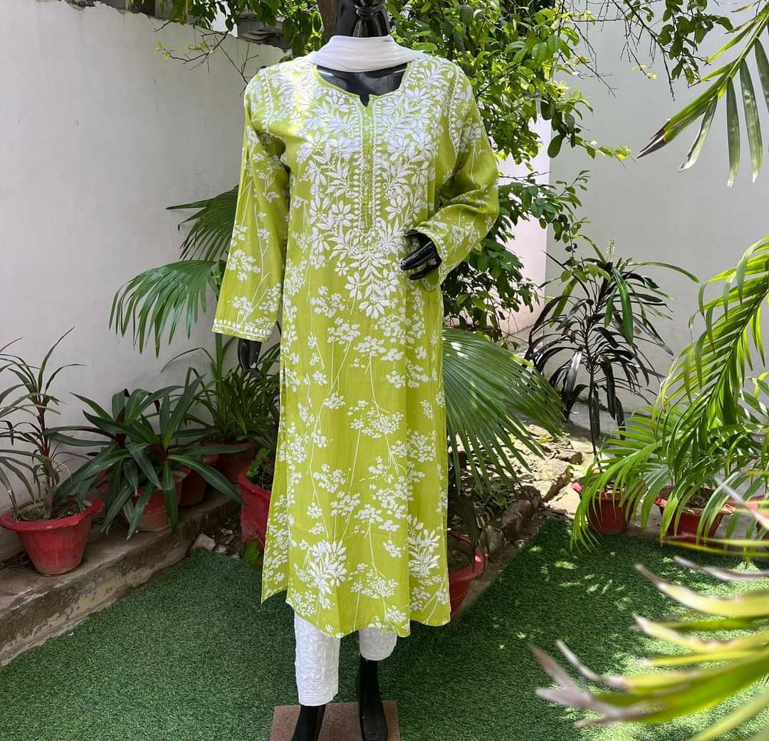 Floral Orange Lucknowi Chikankari Kurti Set In Mulmul Cotton