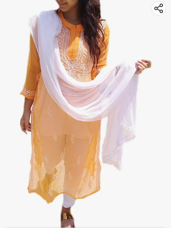 Georgette Gala Booti Lucknowi Chikankari Kurti with Qureshia Border Lace Dupatta (Orange)
