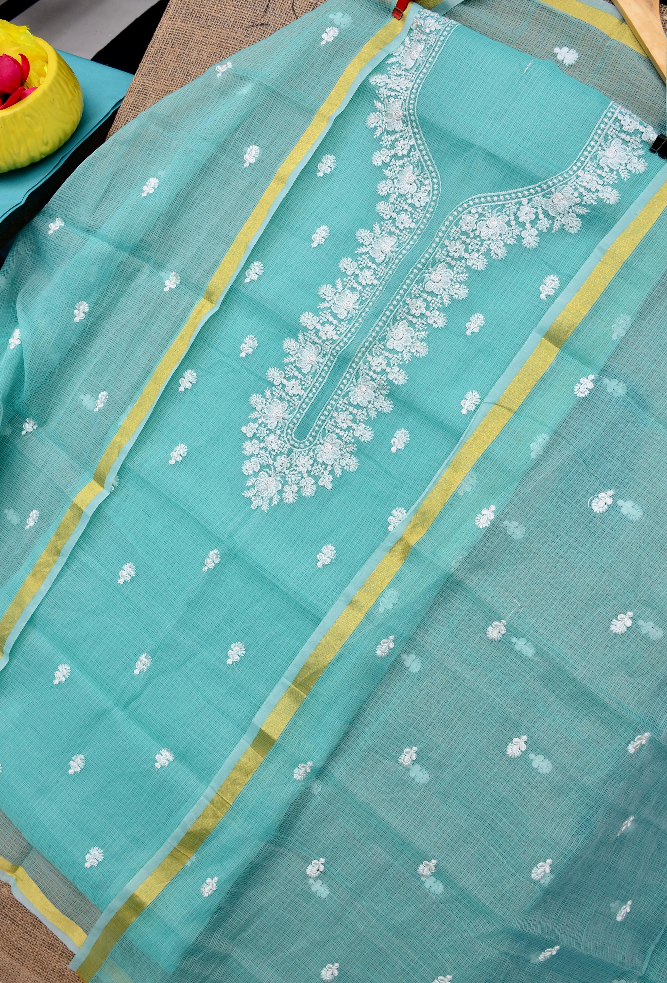 Sea Blue Embroided Work Kota Doria Suit Fabric With Dupatta