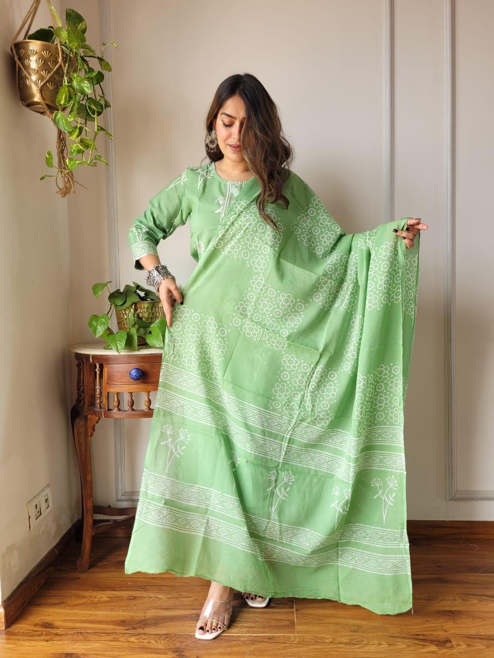 Pista Green Cotton Suit Set