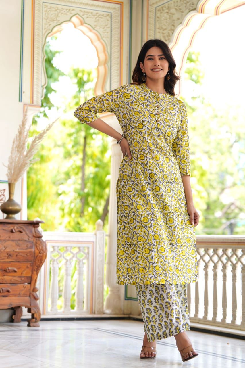 Yellow Block Print Suit Set With Dupatta