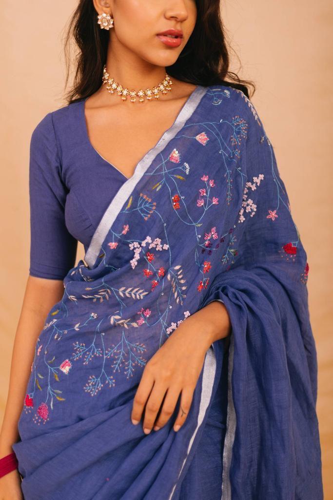 Linen Embroidery Saree In Blue