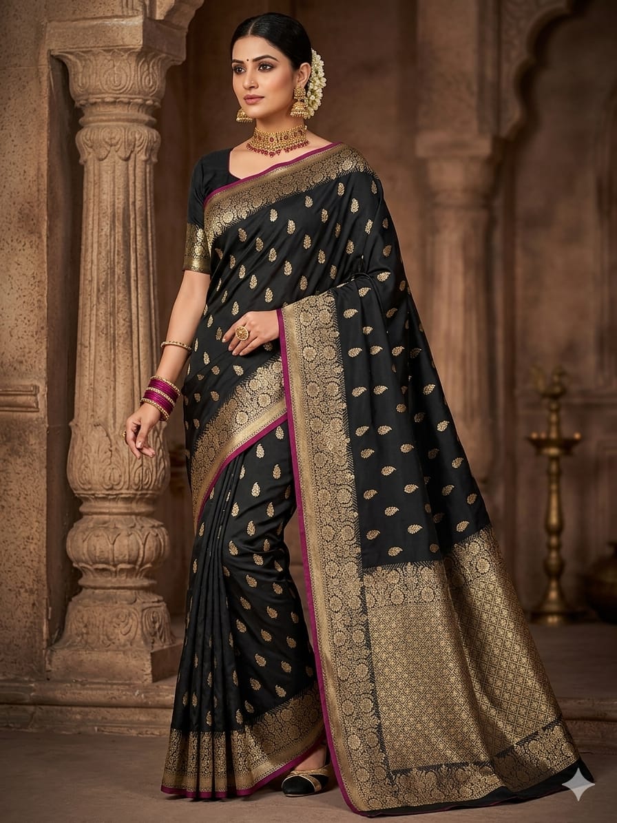 Banarasi Handloom Semi Kathan  Saree In Black