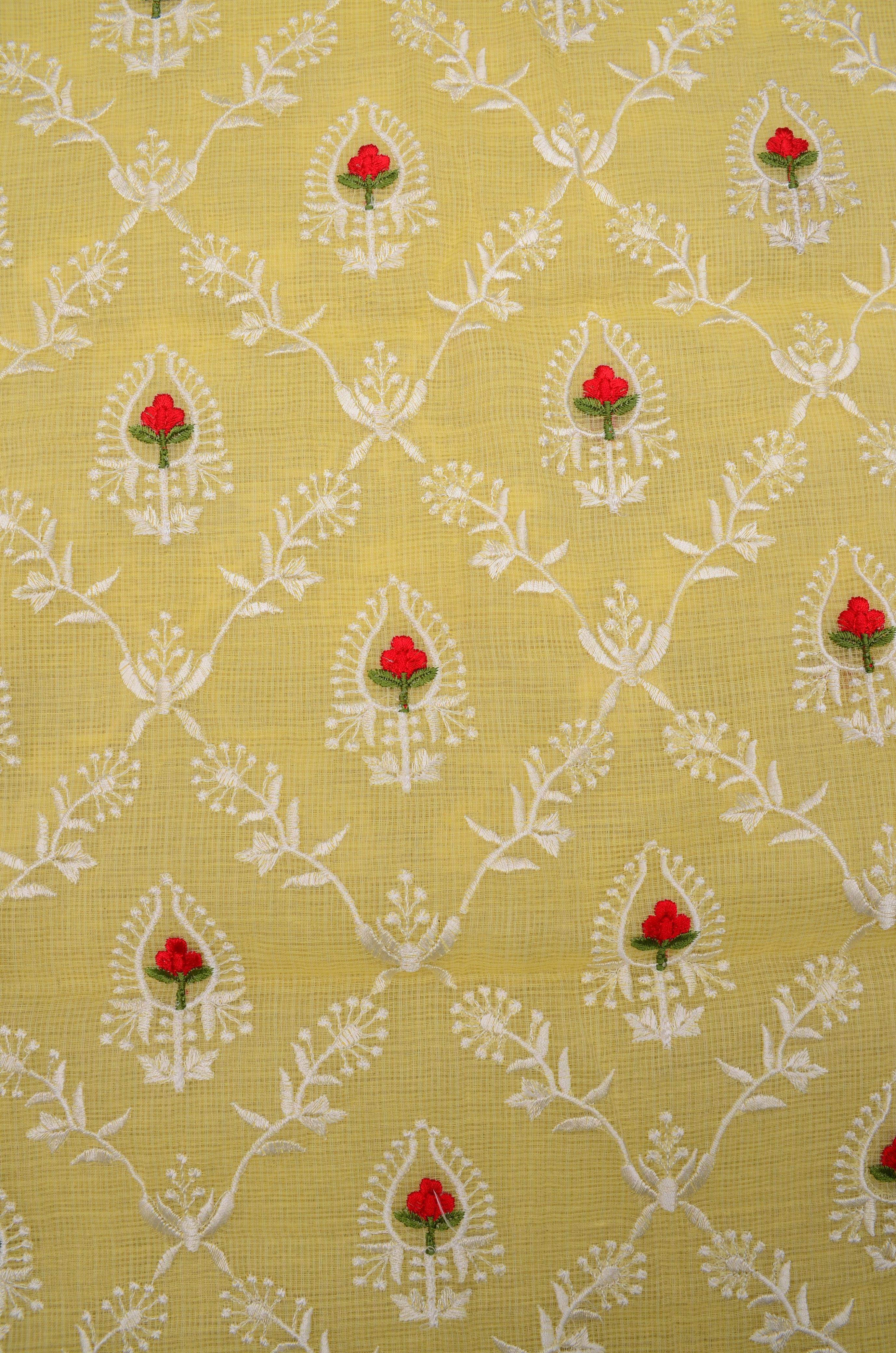 Yellow Embroided Kota Doria Suit Fabric With Dupatta