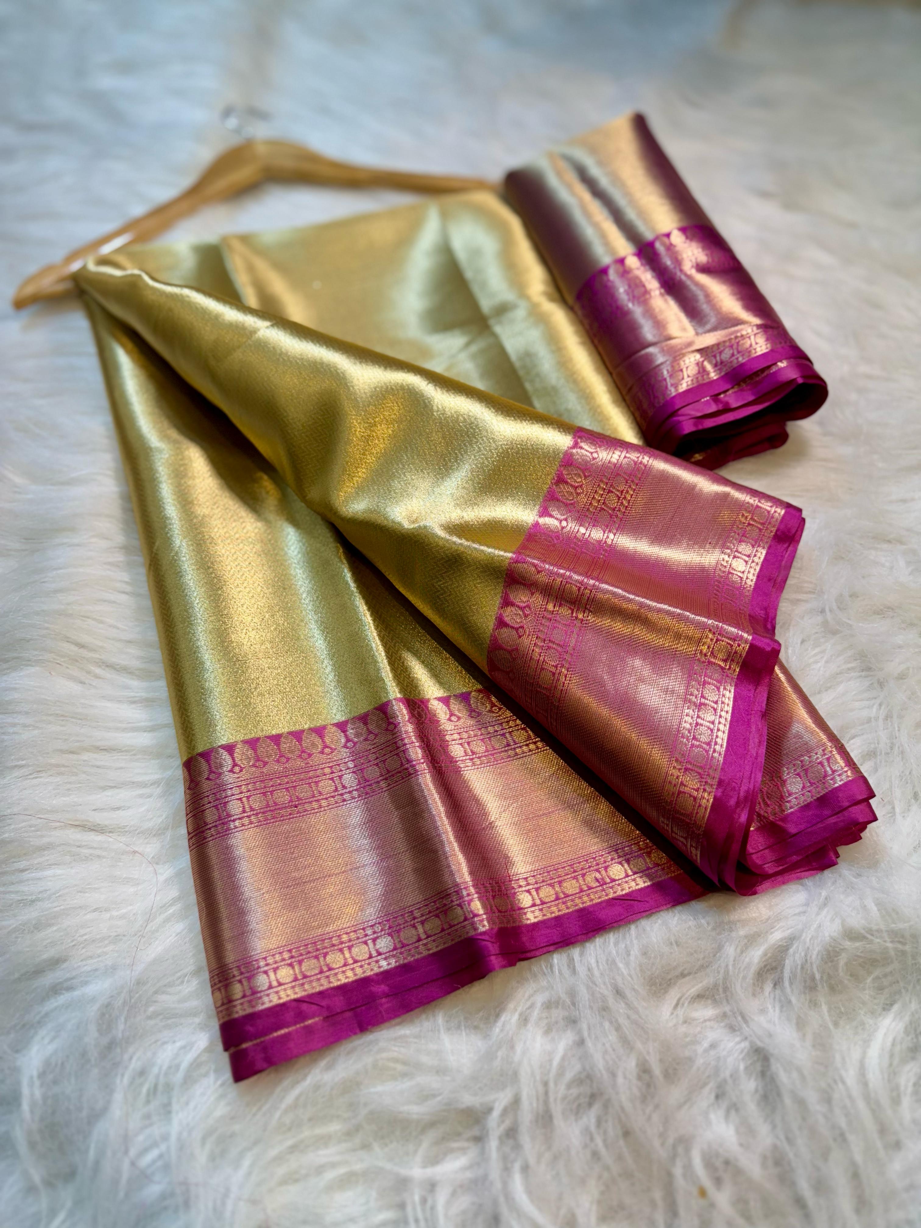 Beautiful Golden Celebrity Inspired Banarasi Tissue Zari Silk Saree