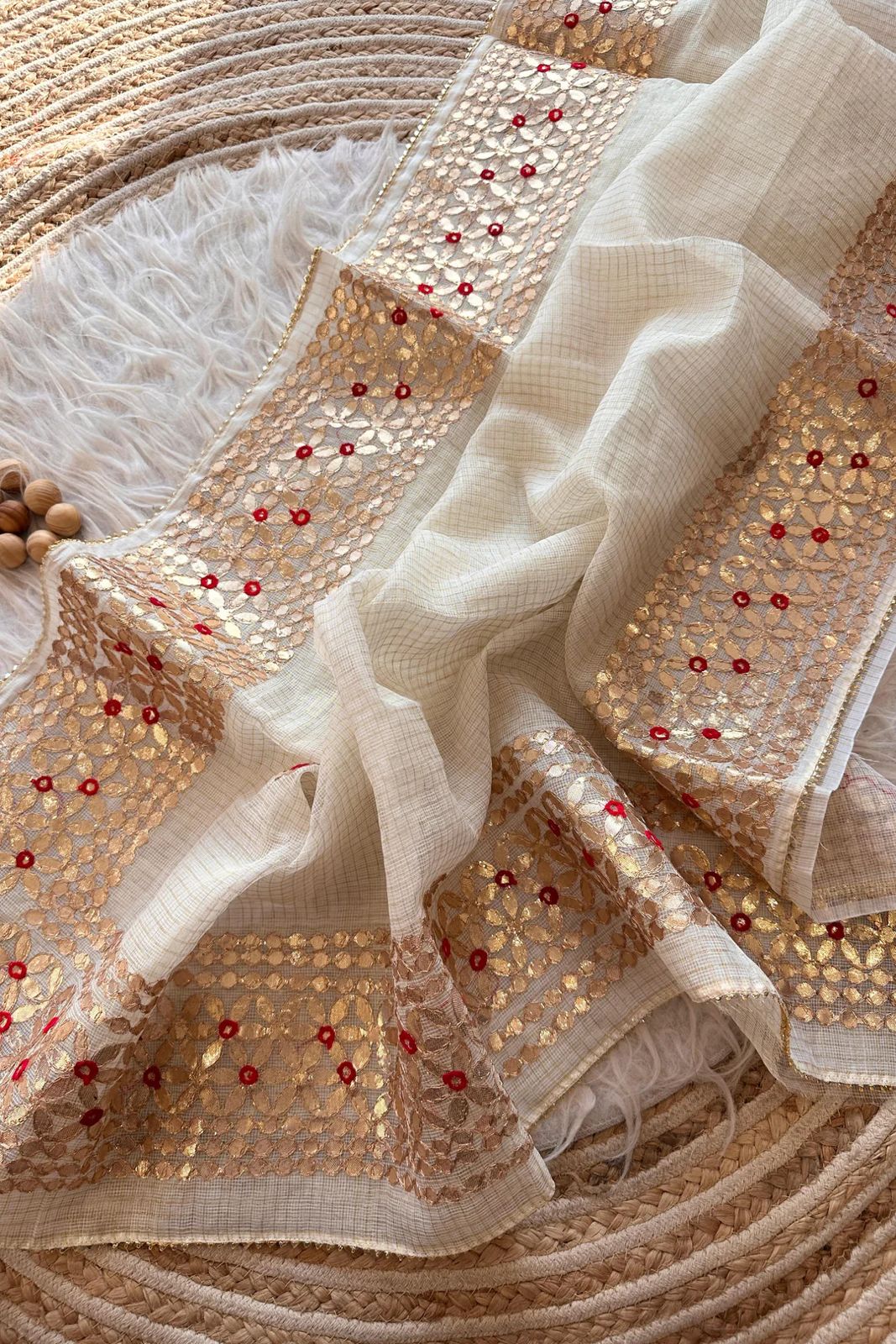 Padam- Off White Kota Doria Heavy Border Gota Patti Saree