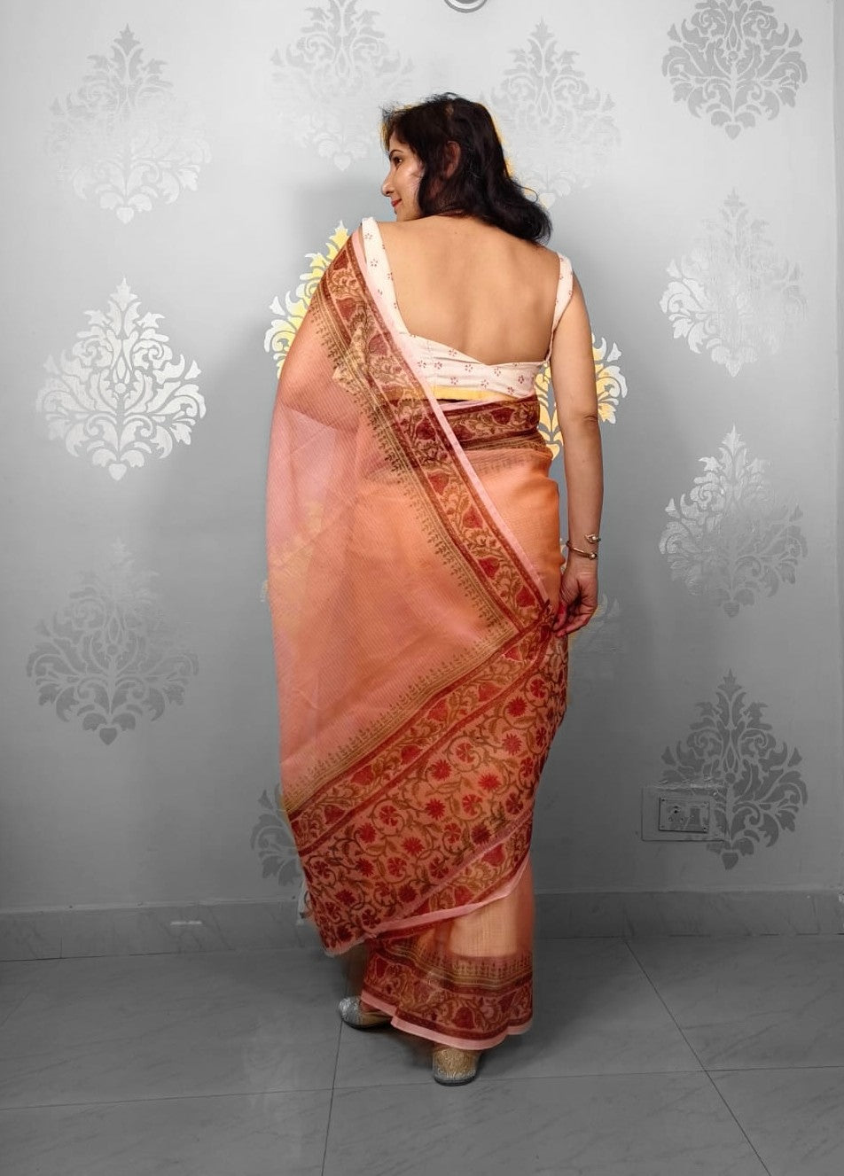 Cream Kota Doria Hand Block Print Saree