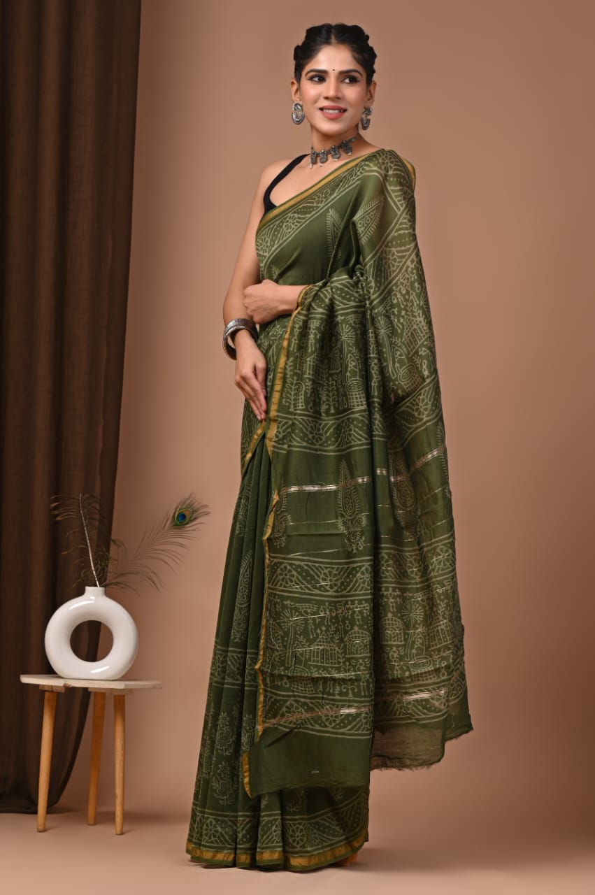 Green Chanderi Hand Block Printed  Saree