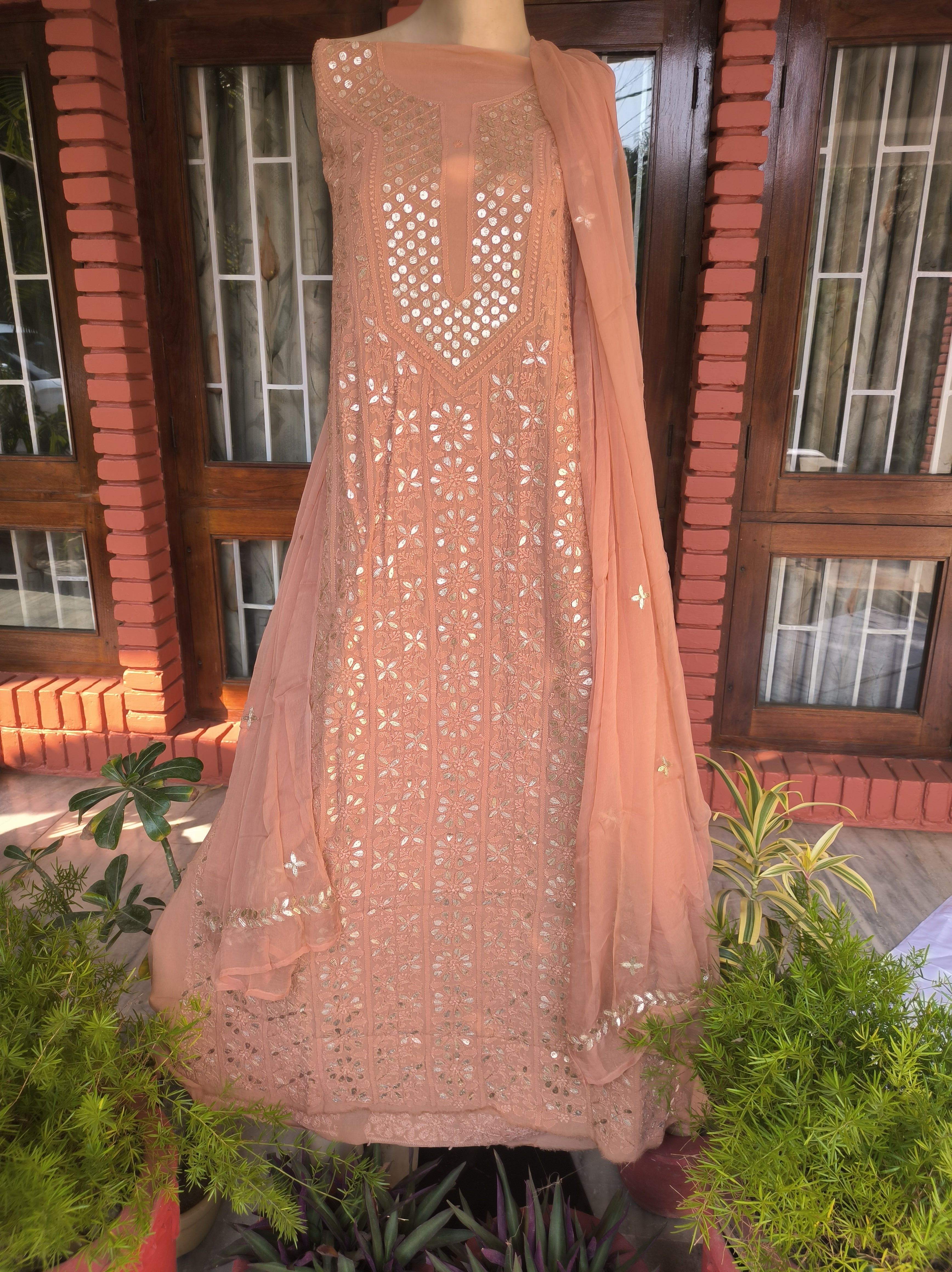 Peach Lucknowi Chikankari Gota Patti Salwar Suit(Dress Material)