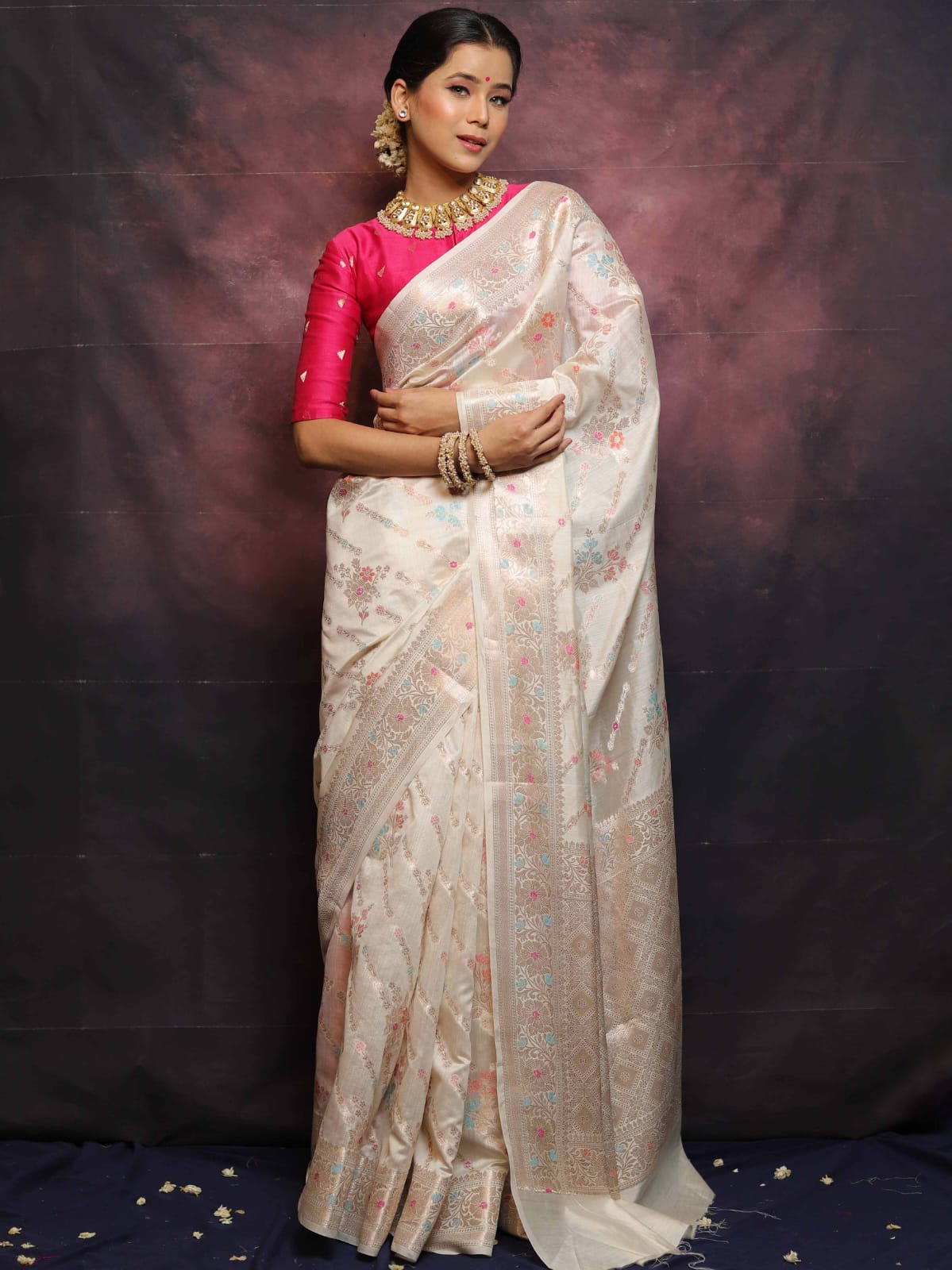 Rose Chiniya Silk Saree with Meenakari