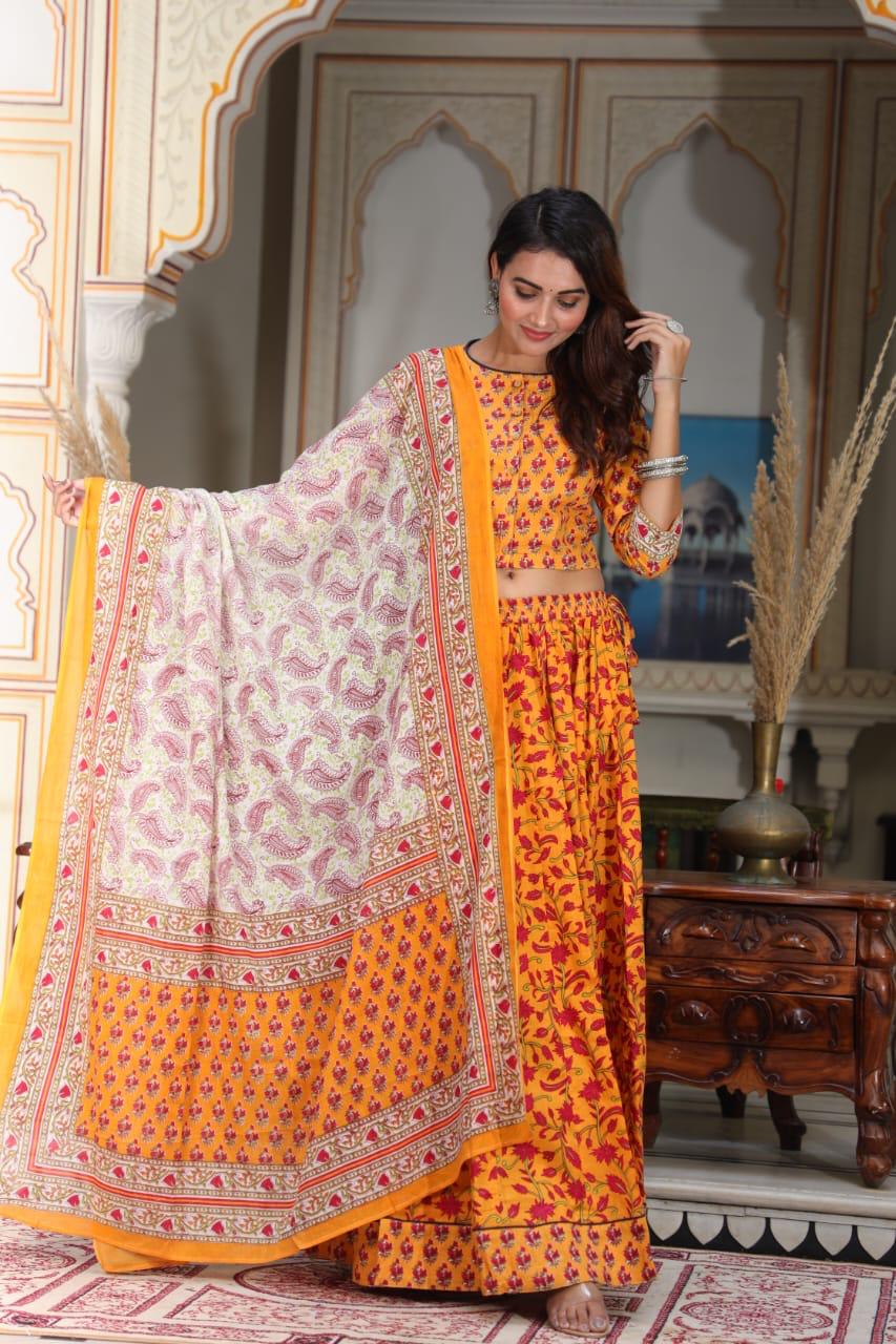 Orange Colour Bagru Print Flora lehenga choli Set