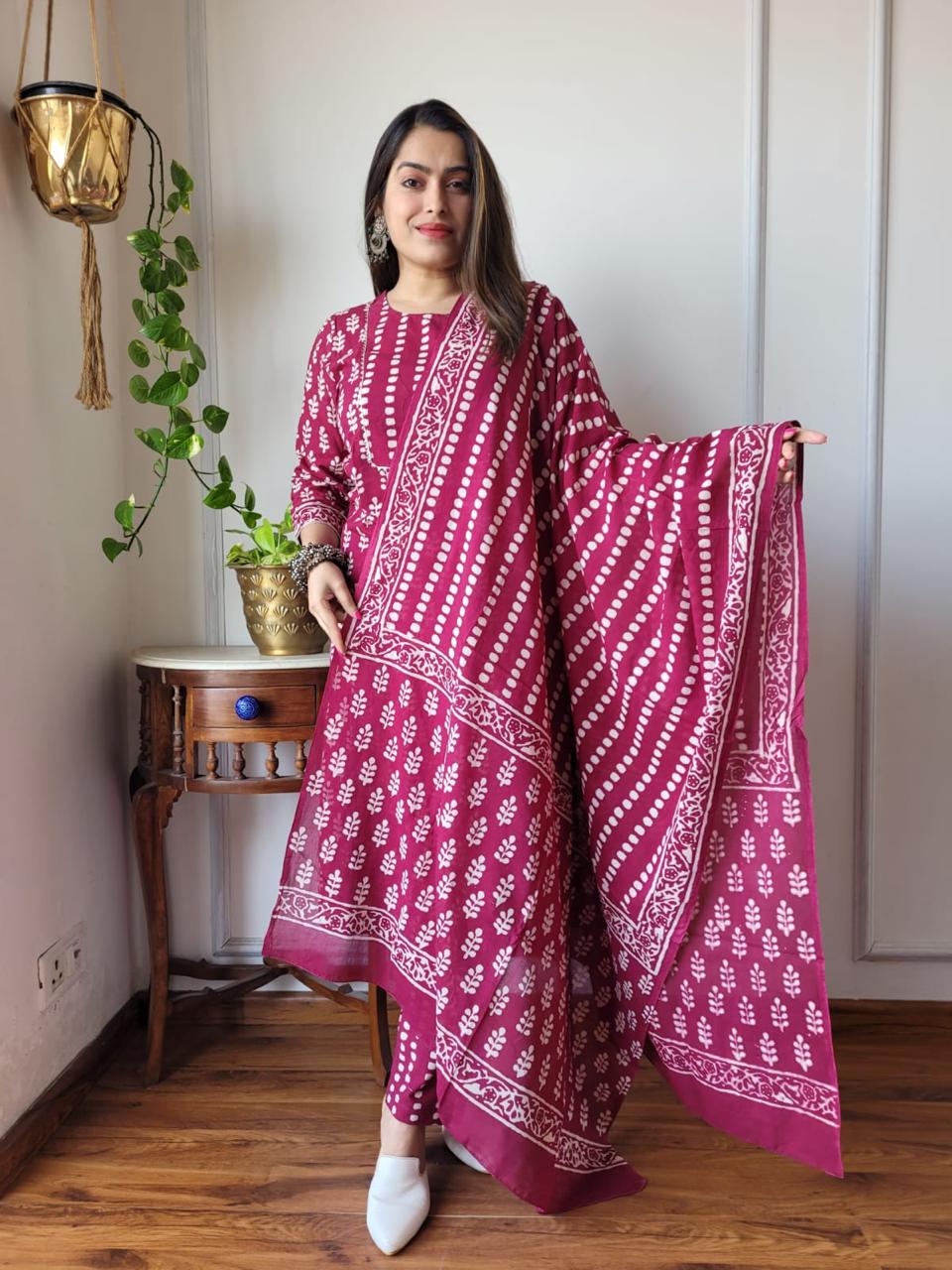 Maroon Block Print Suit Set And Dupatta