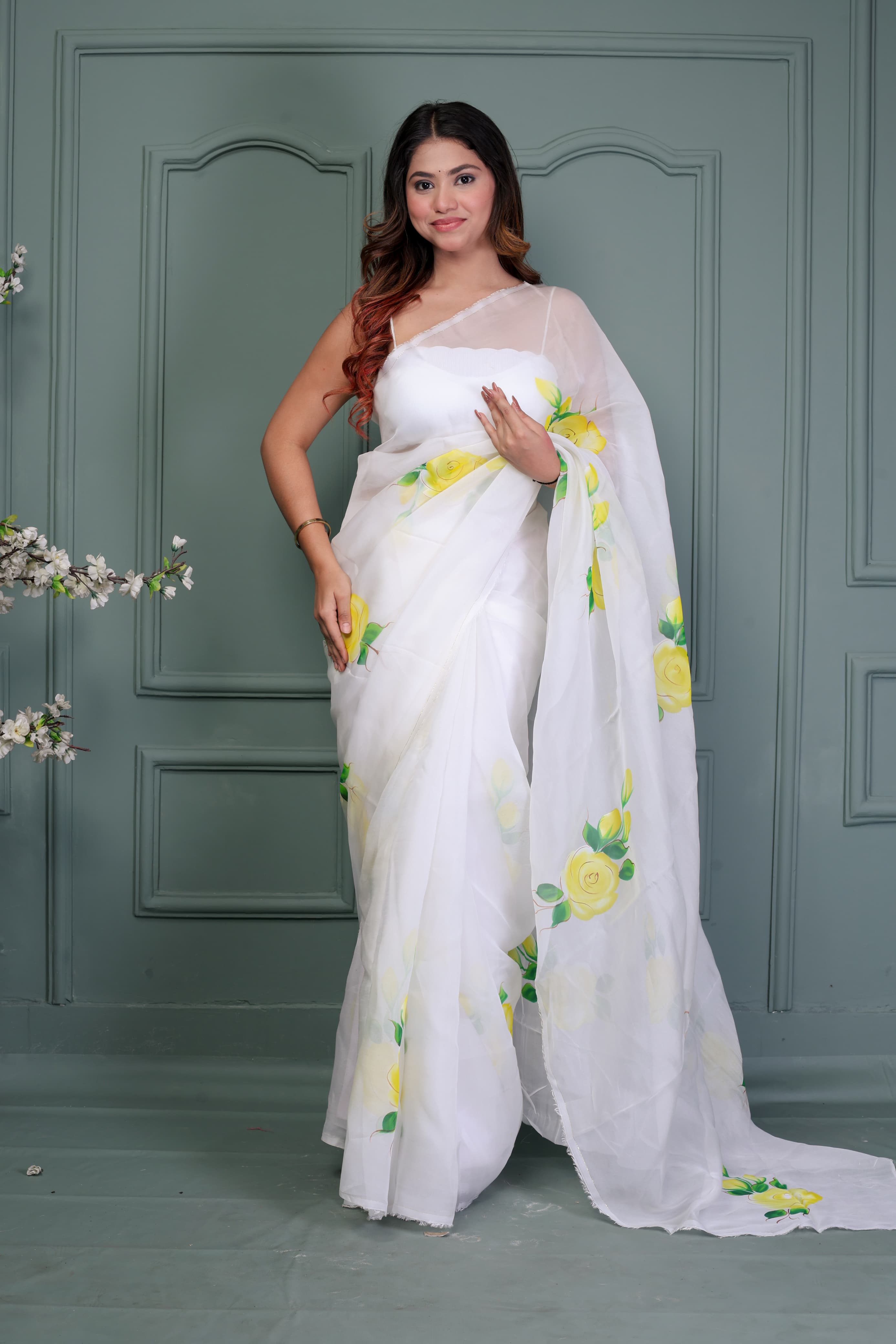 Organza Hand Painted Saree In White