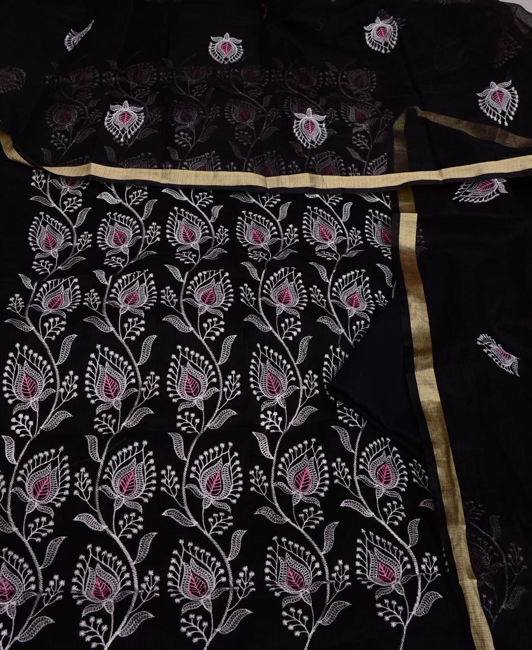 Kota Doriya Embroidery Work Suit In Black