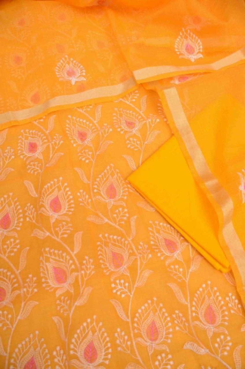 Kota Doriya Embroidery Work Suit In yellow