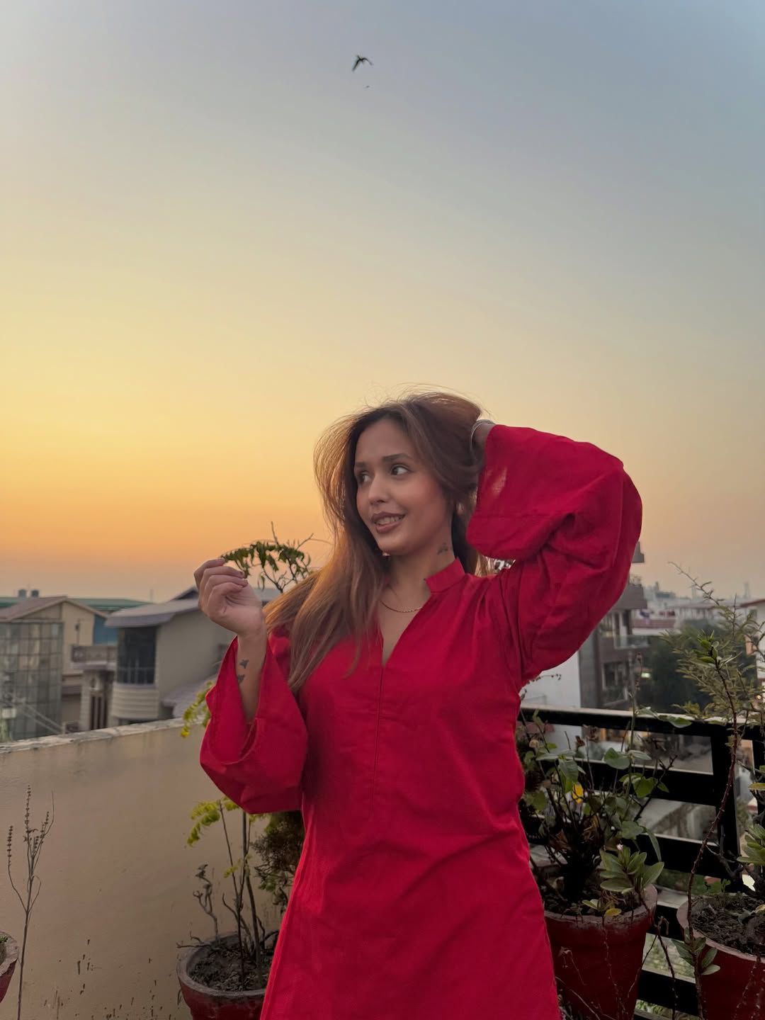 Cherry Red Kurti With Embroidery Palazzo Set