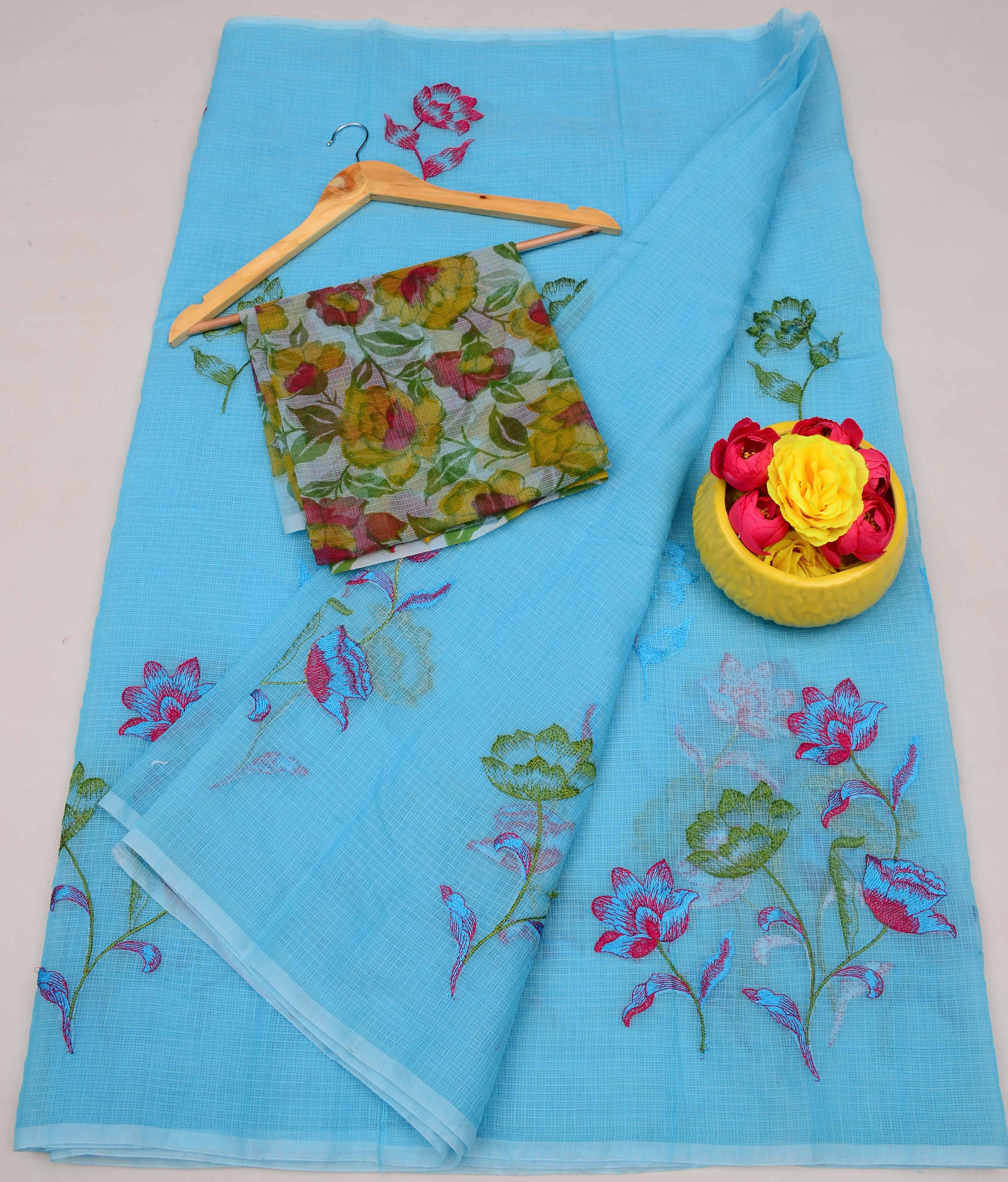 Blue Kota Doria Embroidery Work Saree