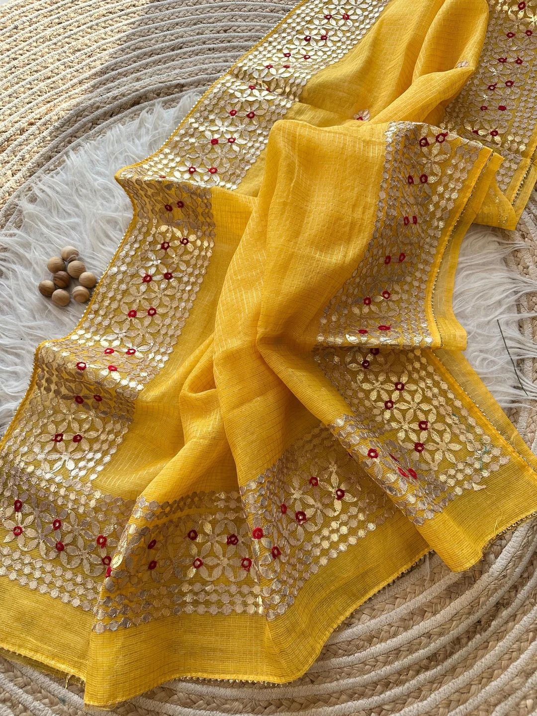 Bulbul- Yellow Kota Doria Heavy Border Gota Patti Saree