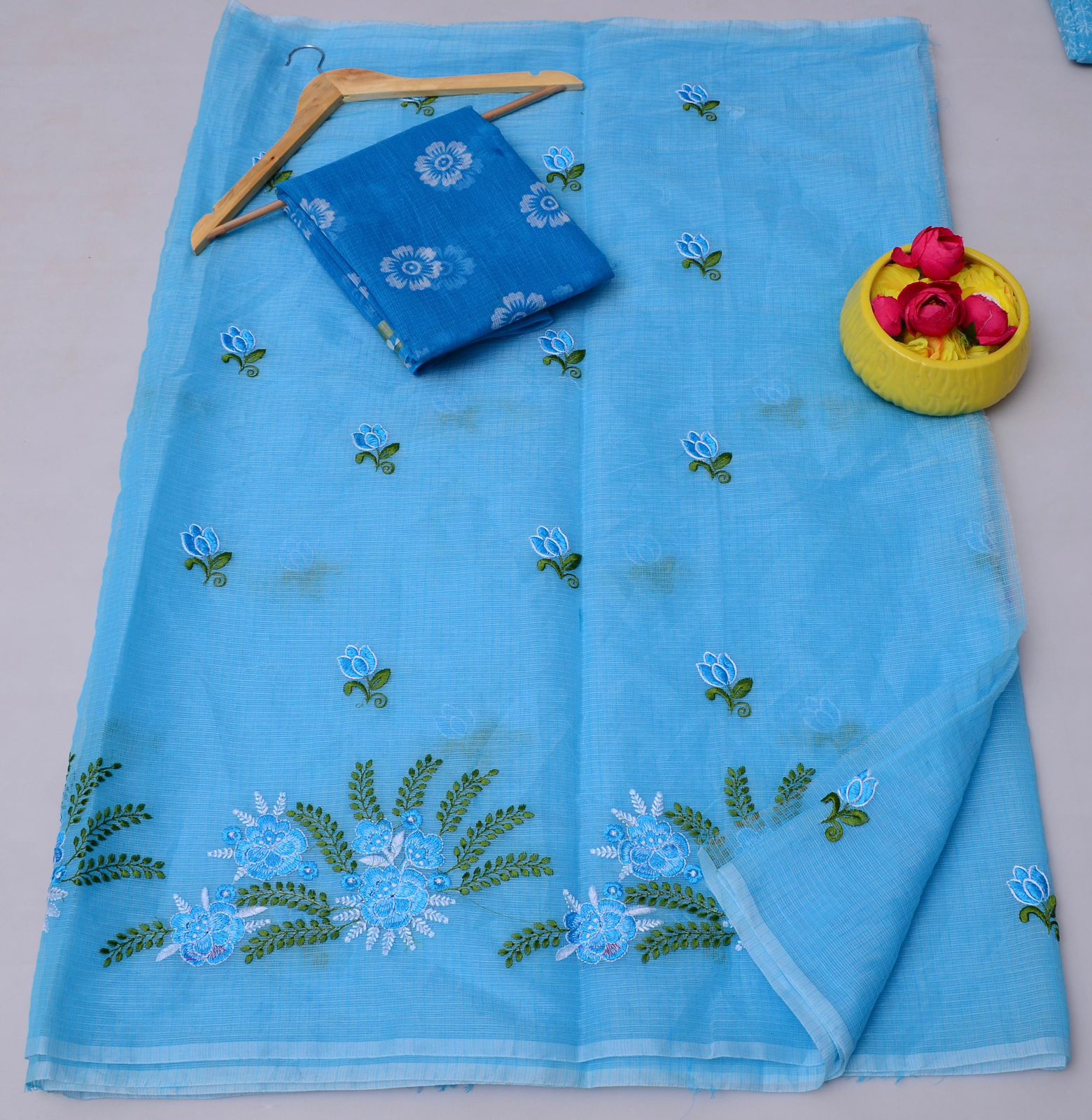 Sky blue Kota Doria Embroidery Work Saree