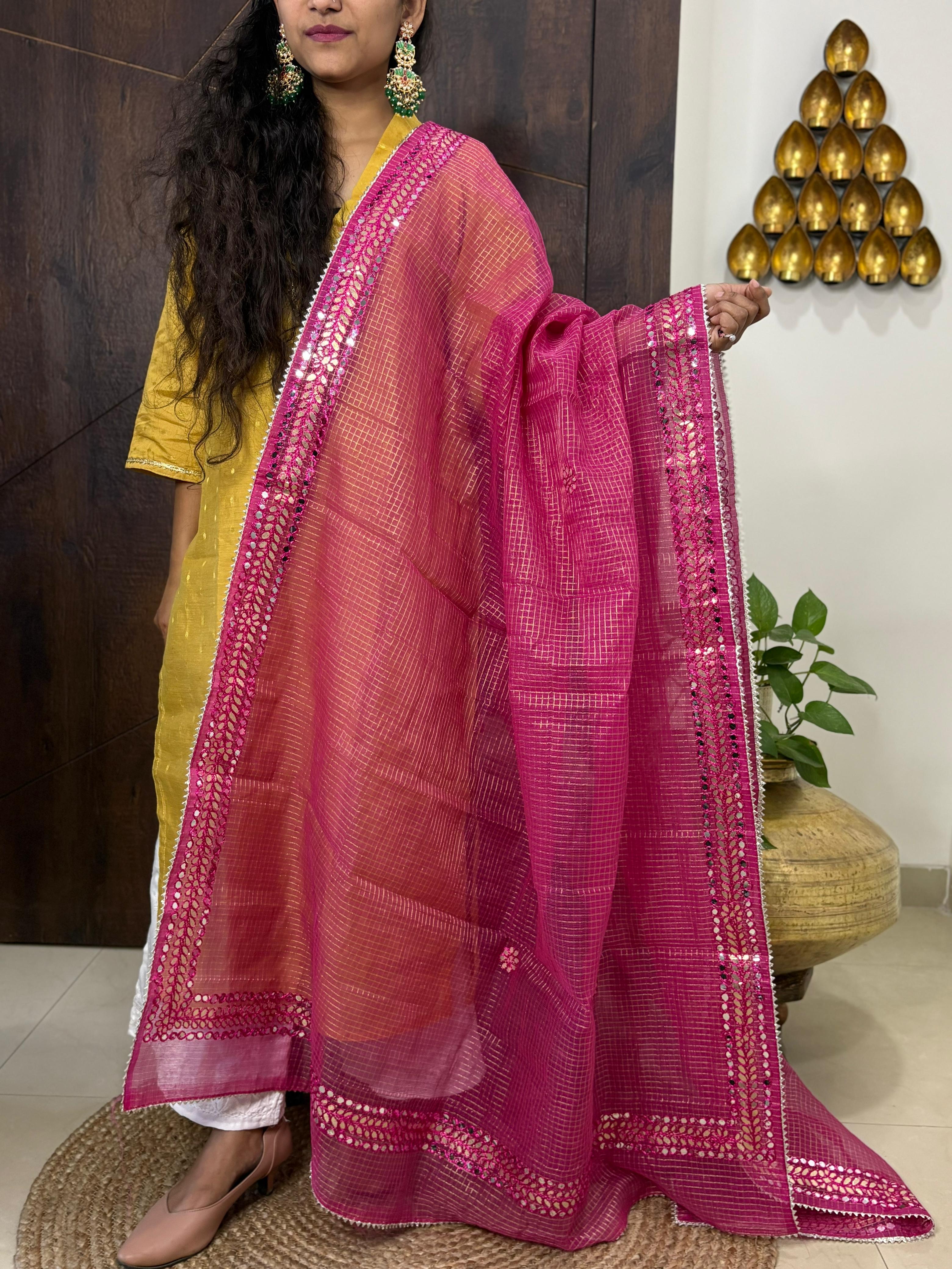 Pink Kota Doria Heavy Gota Patti Work Dupatta
