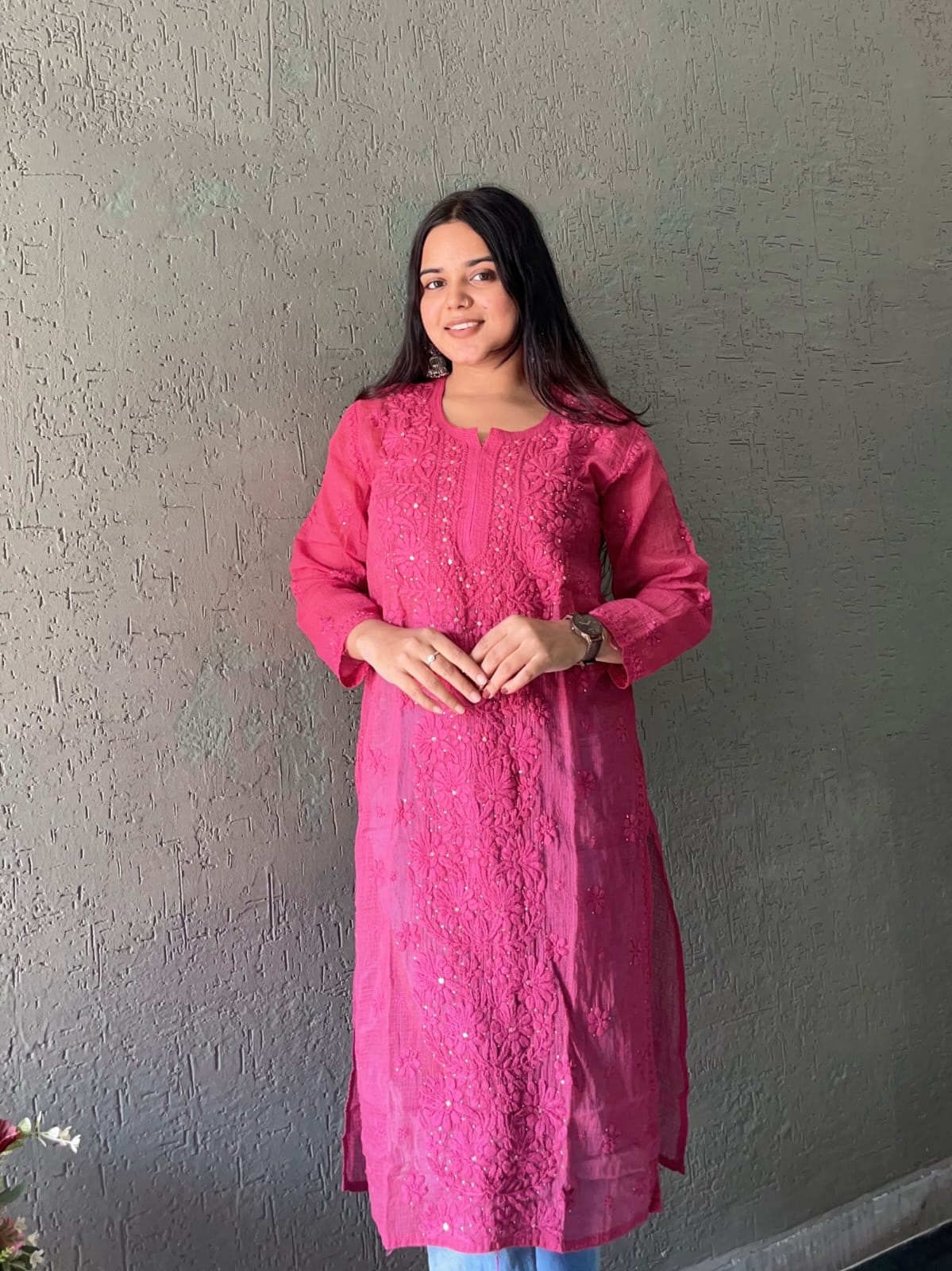 Pink Chikankari Embroidery work Kota doria kurti (only kurti)