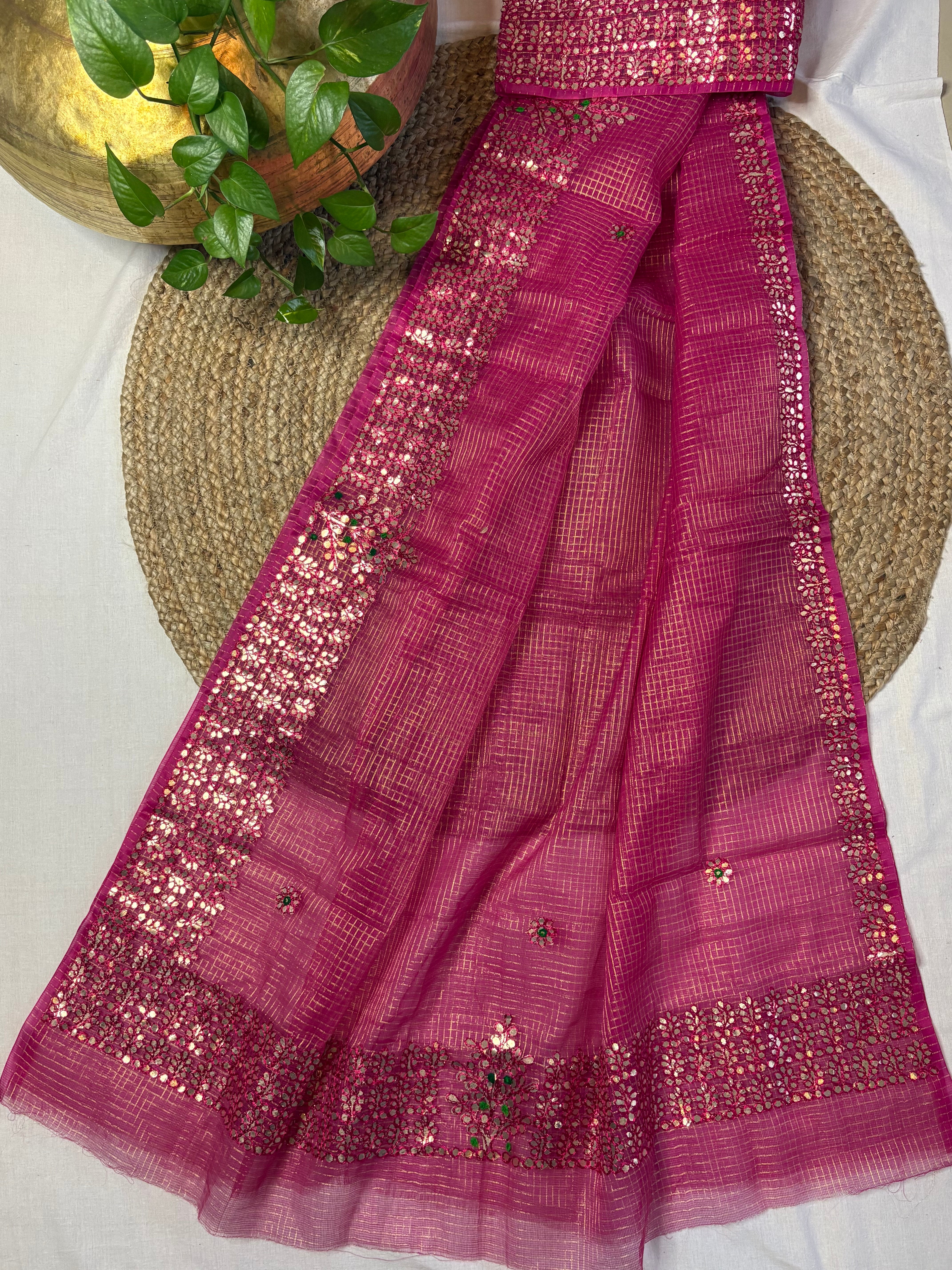 Hot Pink Kota Doria Gota Patti Saree