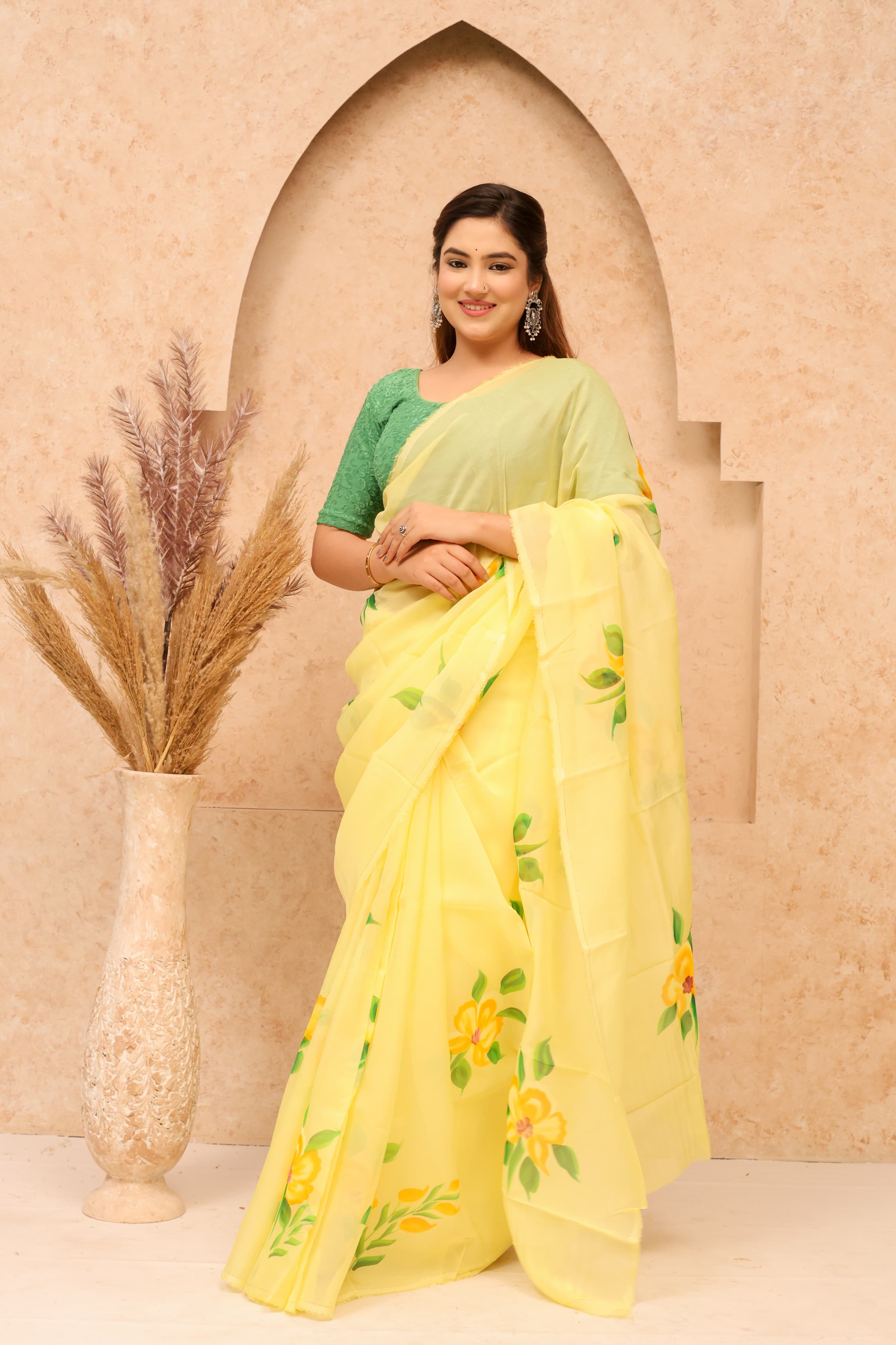 Yellow Organza Hand Painted Saree