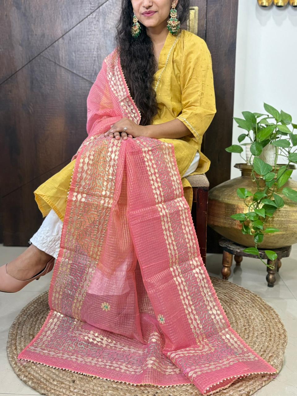 Pink Kota Doria Heavy Gota Patti Work Dupatta