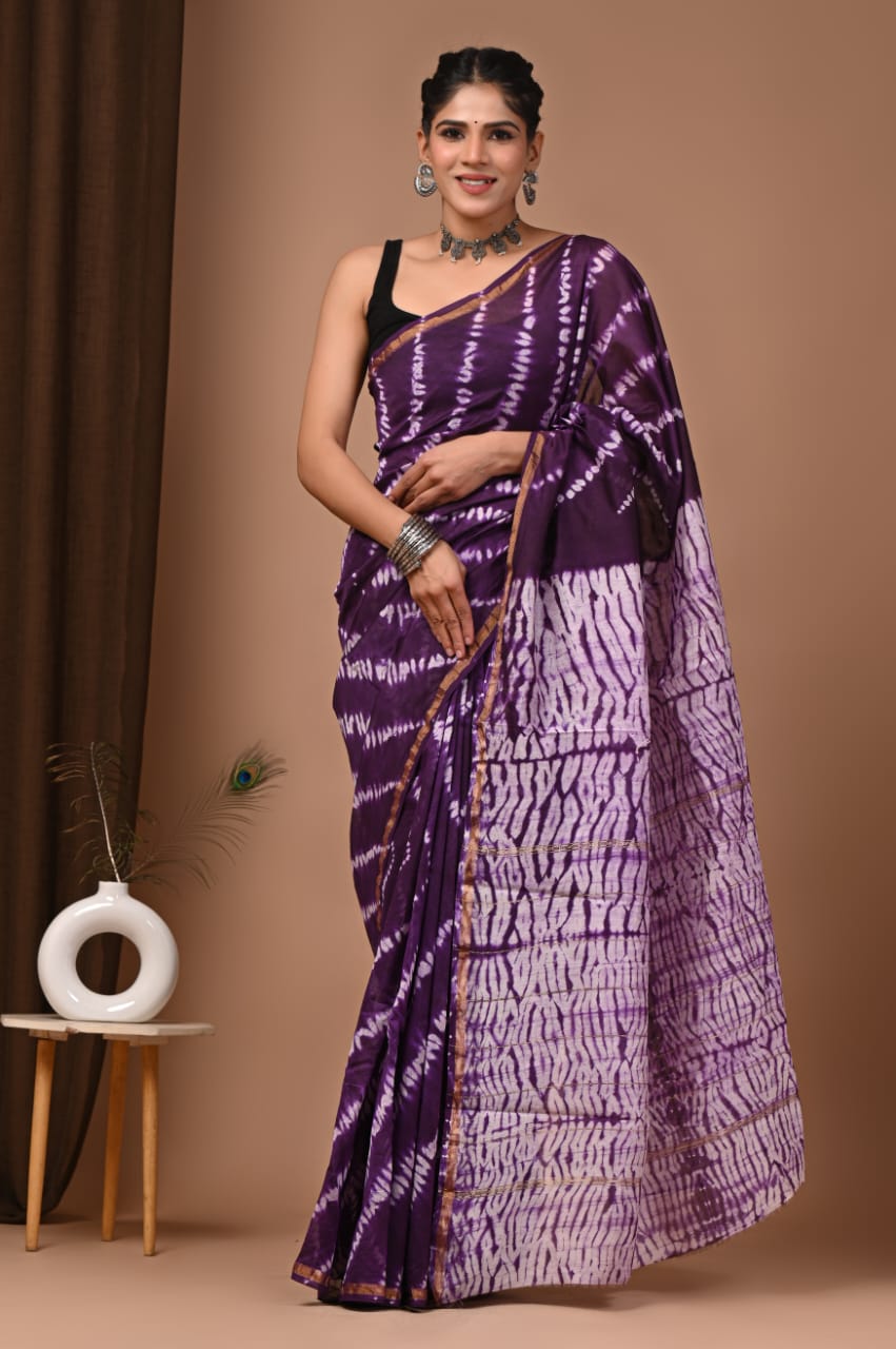 Purple Chanderi Hand Block Printed  Saree