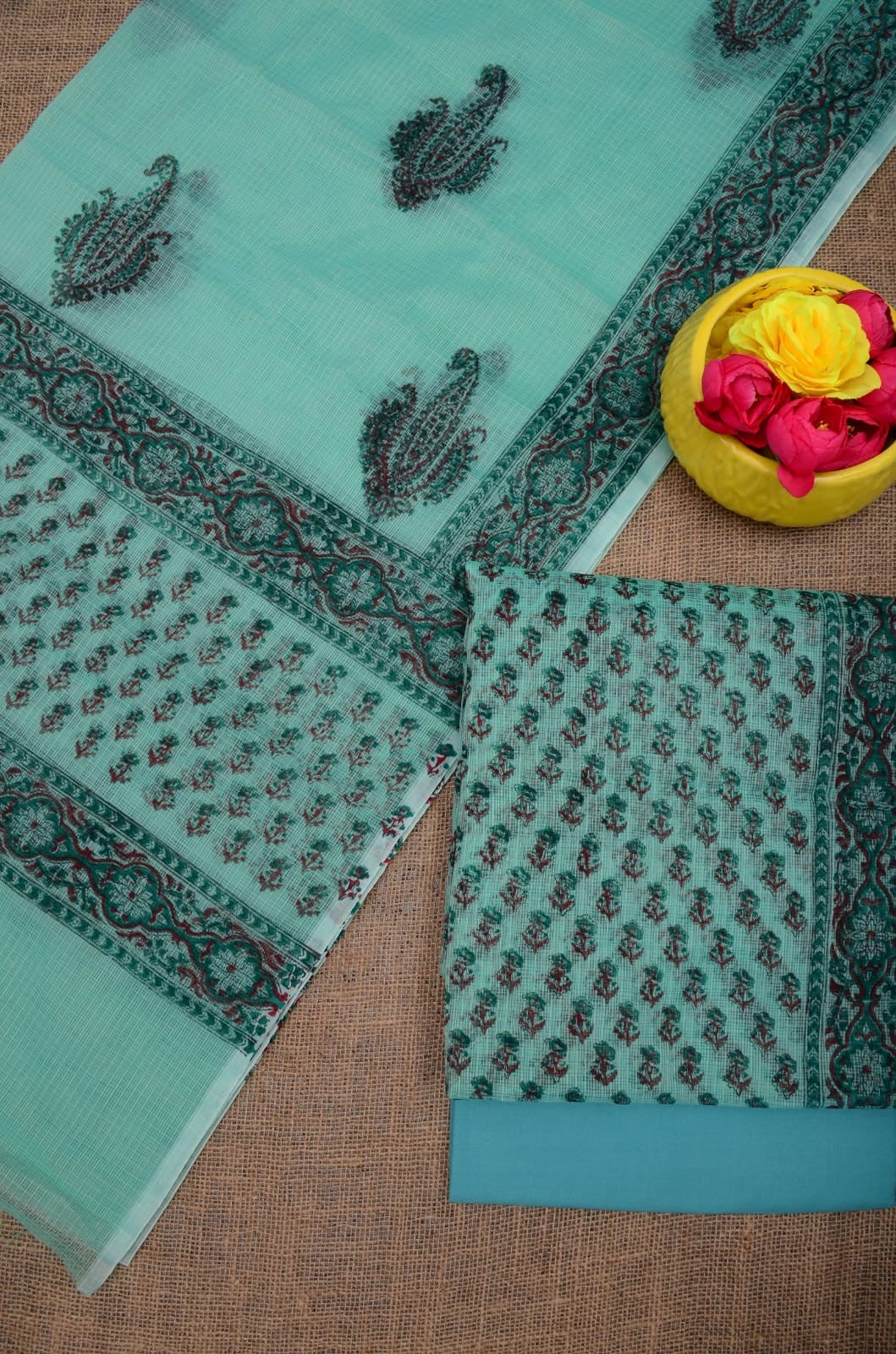 Summer Look Kota Doria Hand Block Print Suit In Green (unstitched)