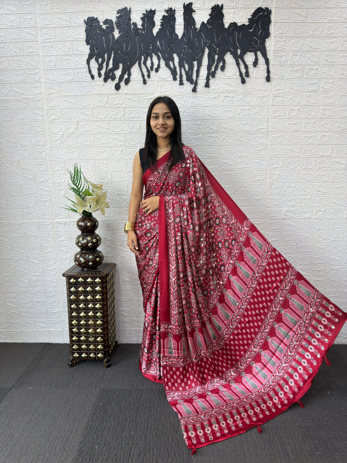 Red Ajrakh Print Mirror Work Satin Silk Saree