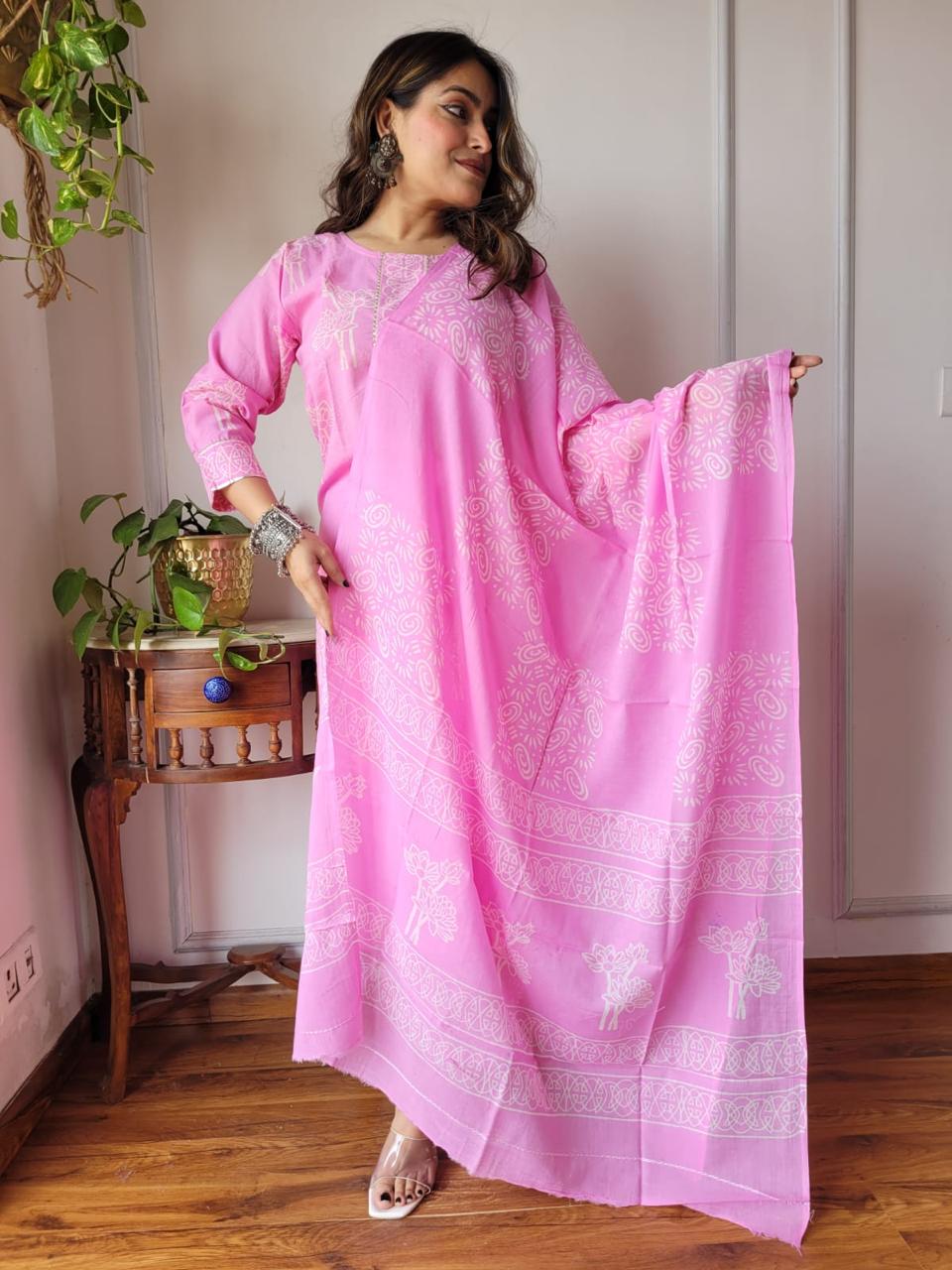 Pink Block Print Suit Set With Dupatta