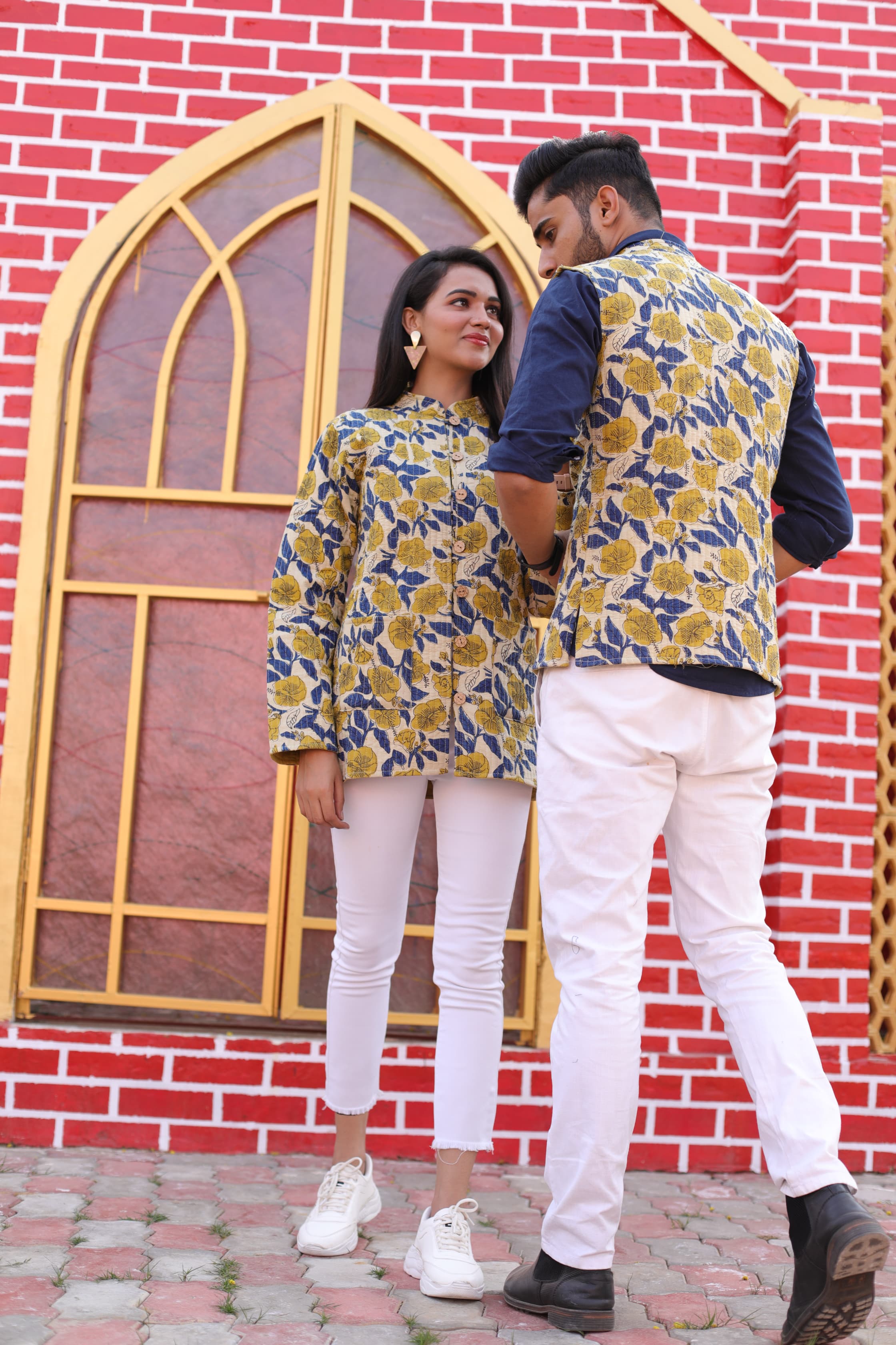 Yellow Color Twinning Couple Pure Cotton Bagru Print Quilted Reversible Jackets