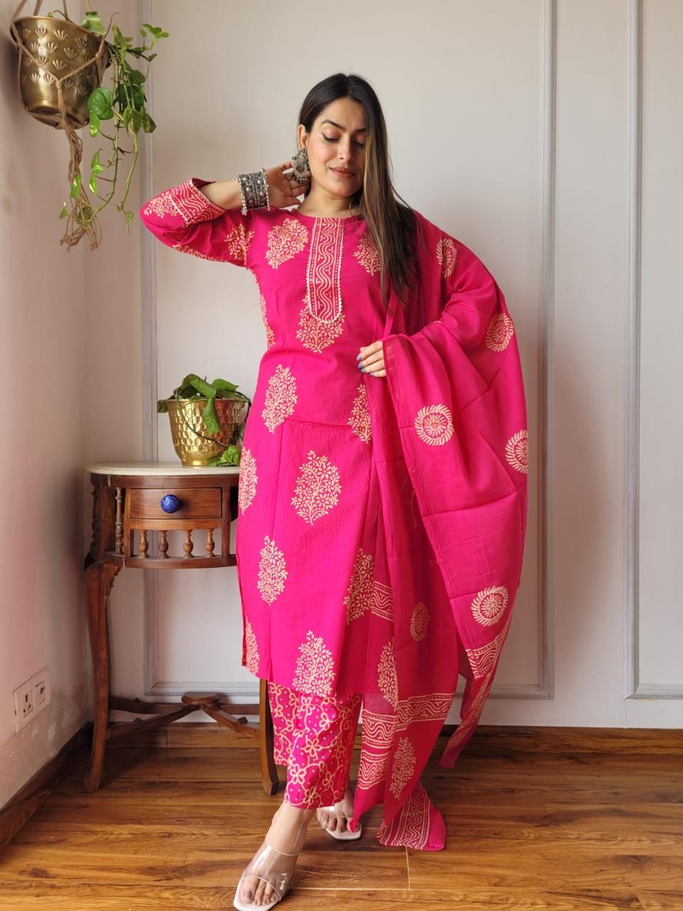 Hot Pink Stitched Cotton Suit Set