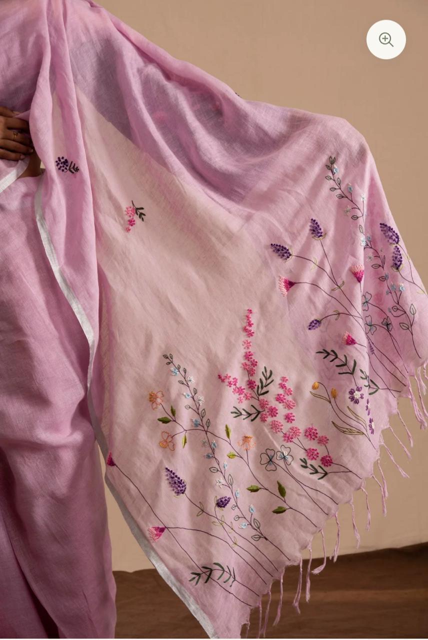 Linen Embroidery Saree In Pink
