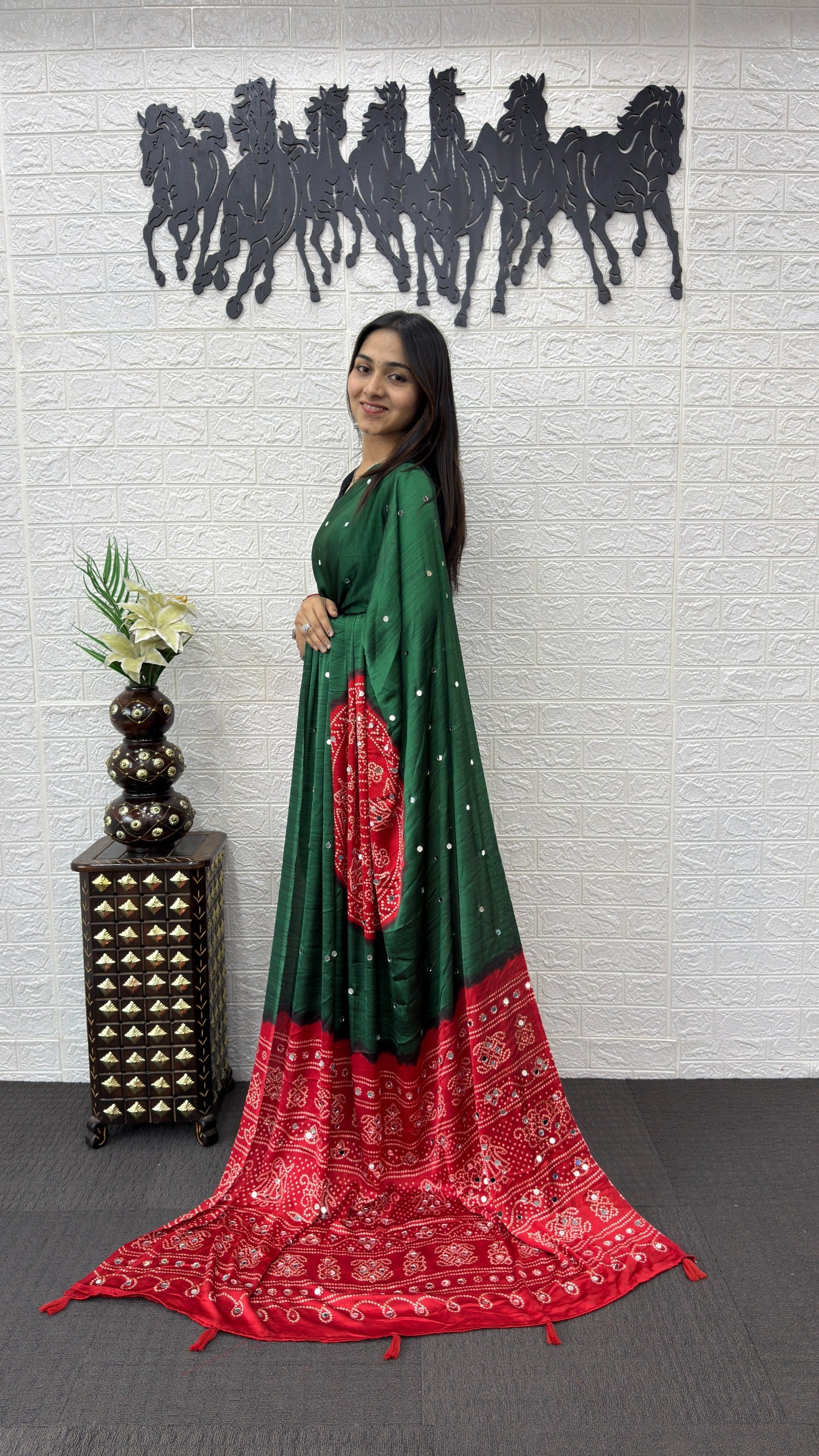 Green Bandhani print Mirror Work Satin Silk Saree