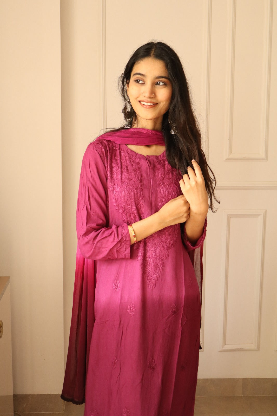 Pink Chikankari Rayon Kurti Palazzo Set With Dupatta